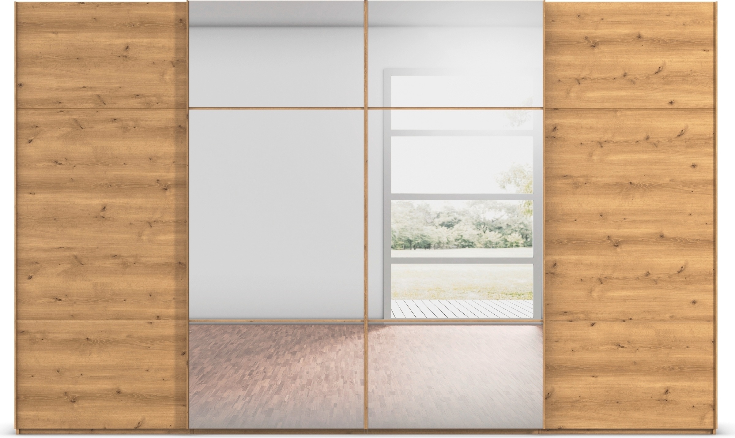 rauch Schwebetürenschrank »Kleiderschrank Schrank Garderobe Schlafzimmerschrank SCALE-TRIO«, edle dreigeteilte Front mit 2 Zierleisten und Spiegel MADE IN GERMANY