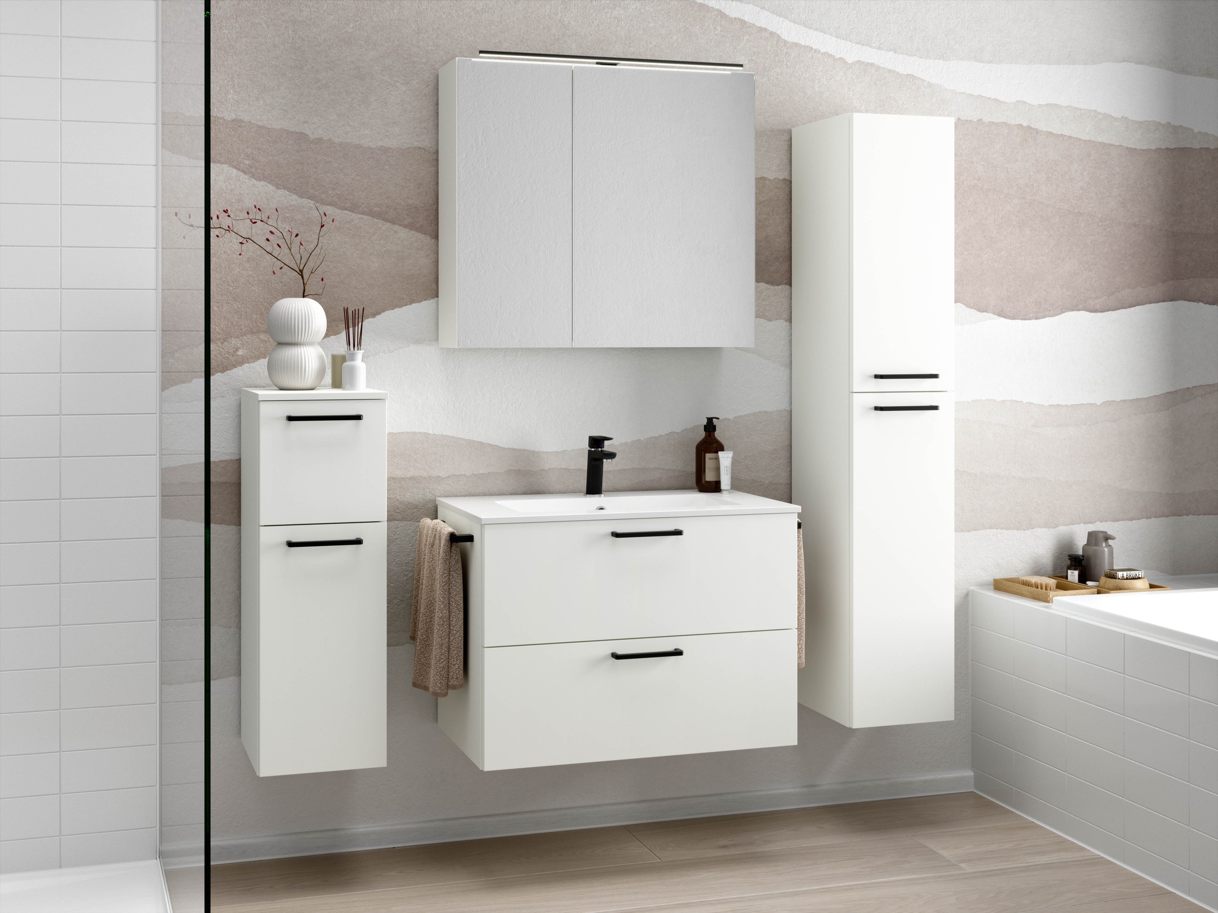 nobilia® Badmöbel-Set »Tolvina«, (2 St., vormontiert, mit Soft-Close), inkl. Spiegelschrank mit Beleuchtung und Dimmerfunktion, in 4 Breiten