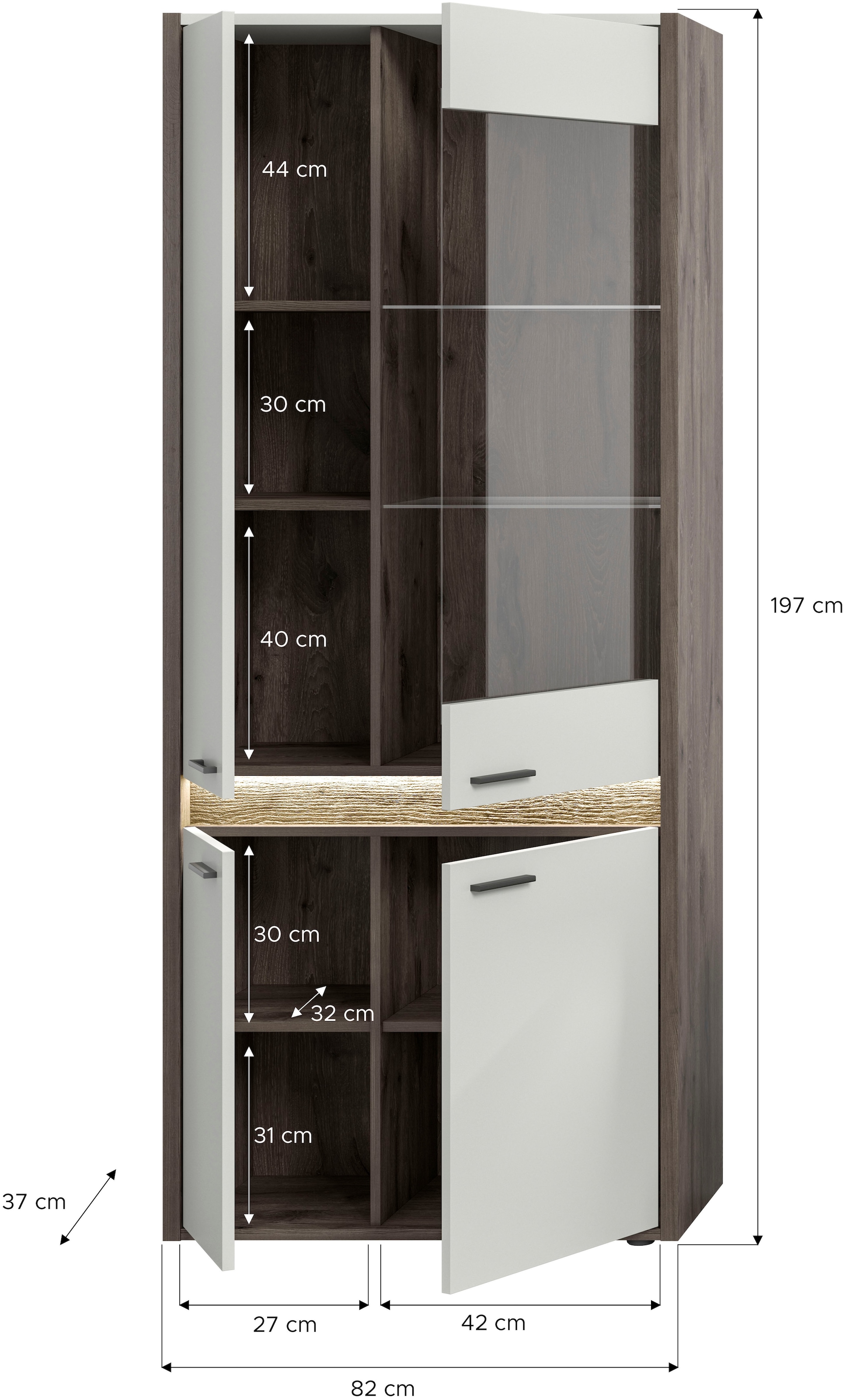 INOSIGN Vitrine »Treviso, Höhe 198 cm, inkl. Frontbeleuchtung, 4 Türen, 2 Glasböden«, 4 Einlegeböden, Standvitrine, Glasvitrine, Vitrinenschränke