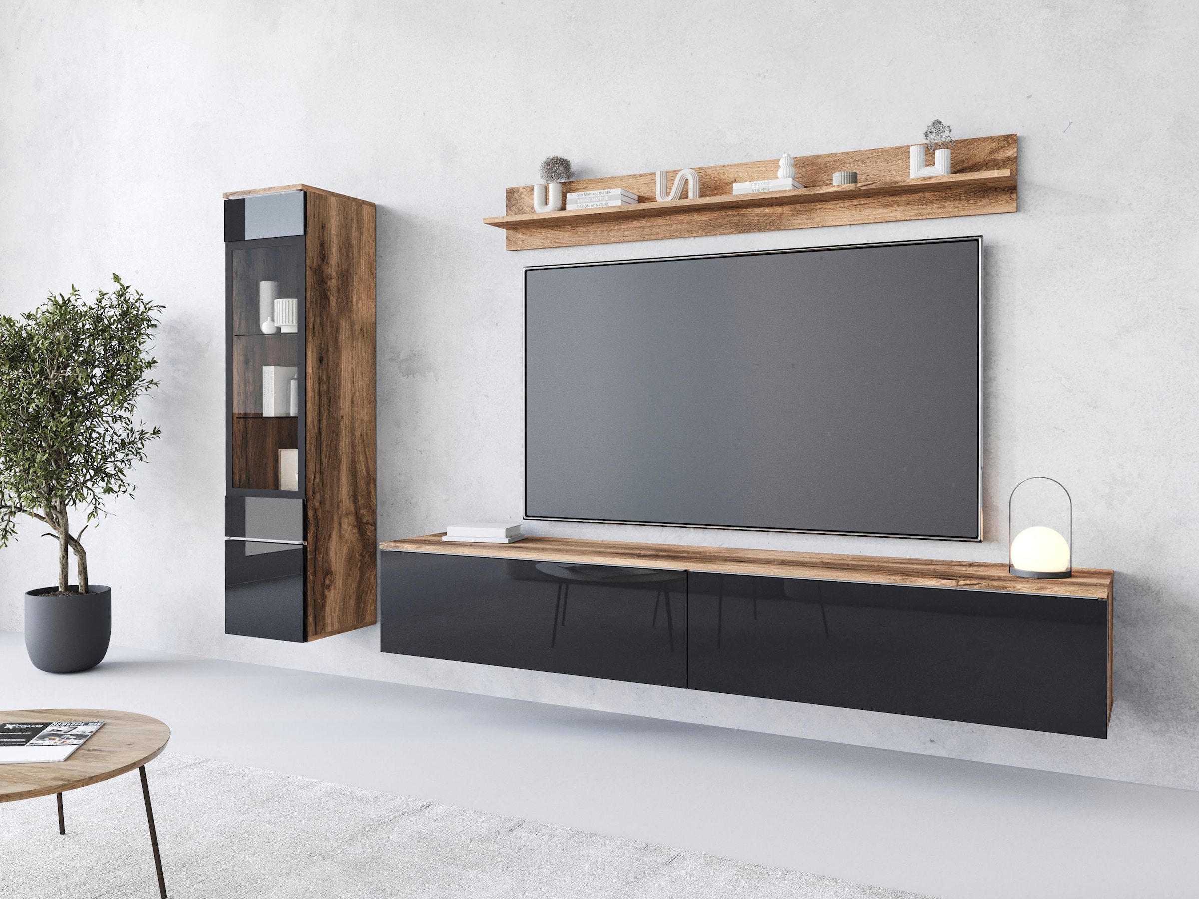 INOSIGN Wohnwand »VERA I«, (Komplett-Set, 3 St.), Mediawand 230 cm, Vitrine mit Verglasung, stehend und hängend