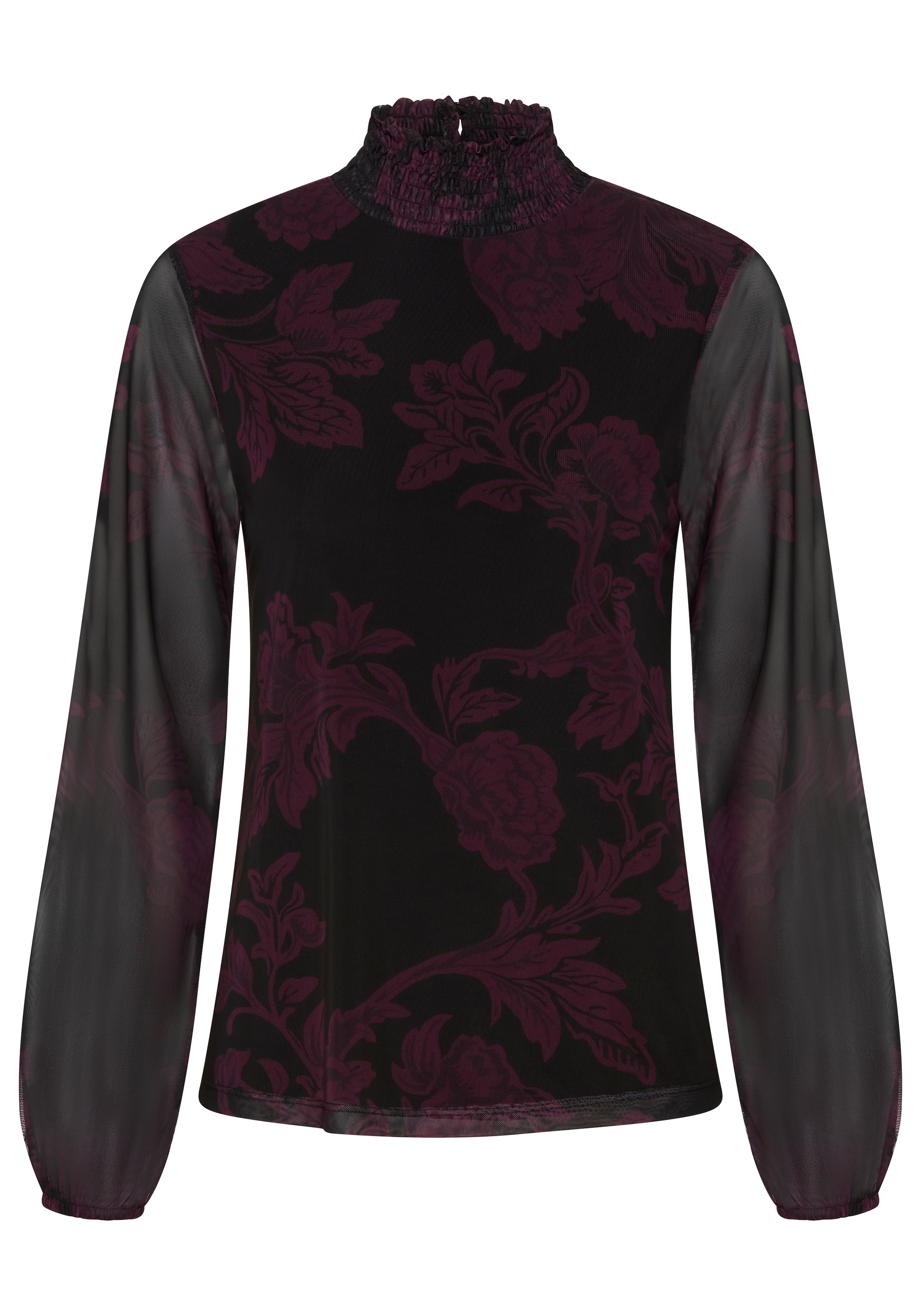 Bruno Banani Blusenshirt »aus weicher Mesh-Qualität mit Smok-Detail« und Stehkragen, hüftlange Form, figurbetonte Passform