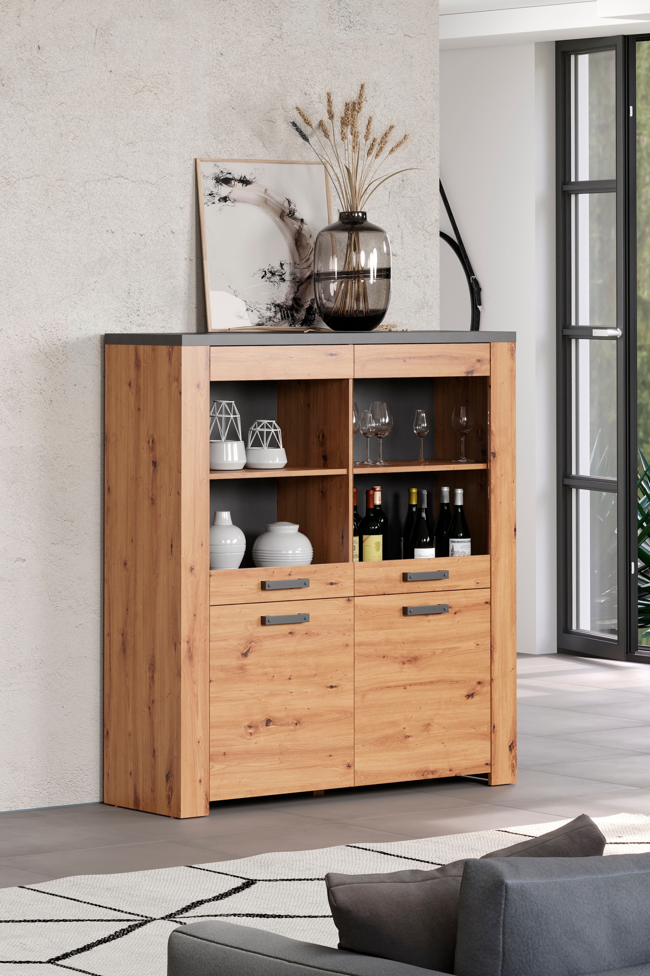 Home affaire Highboard »Ambres«, (1 St.), Vitrine, Echtholzoptik, ca. Maße BxH: 127x139 cm
