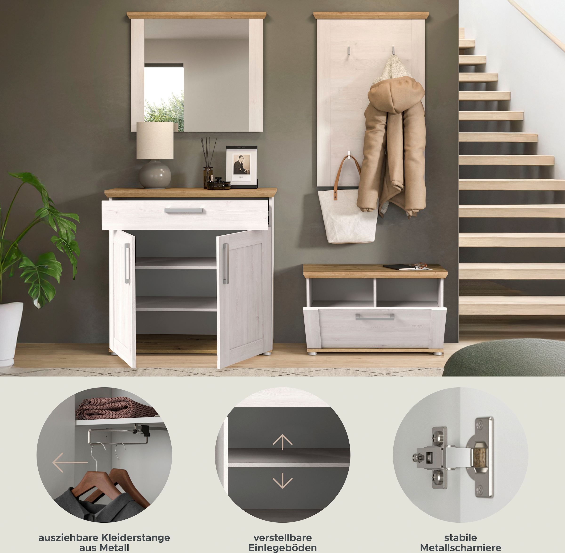 Home affaire Garderoben-Set »Cosenza, Breite ca. 190 cm, 2-farbig, 4-teilig, bestehend aus:«, (4 St.), Sitzbank, Garderobenpaneel, Schuhschrank, Spiegel, in Landhausoptik