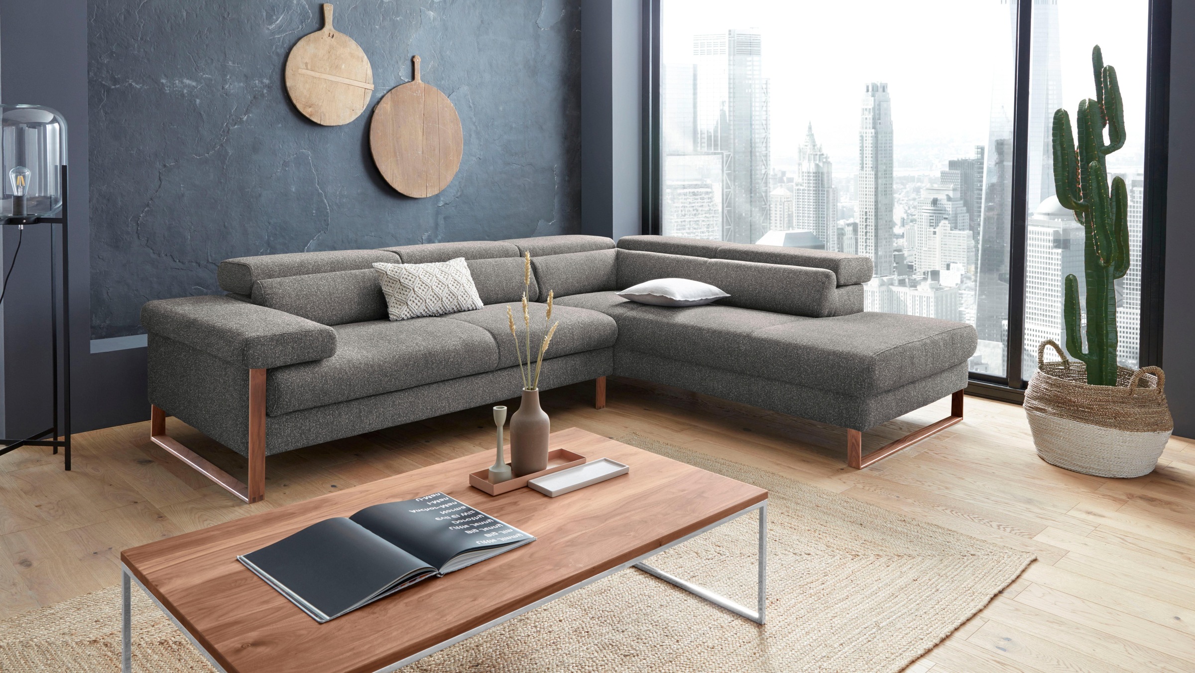 W.SCHILLIG Ecksofa »finn, Designsofa mit tollem Sitzkomfort, bequem, L-Form«, German Design Award 2016, Fußgestell Nussbaum natur, Breite 281 cm