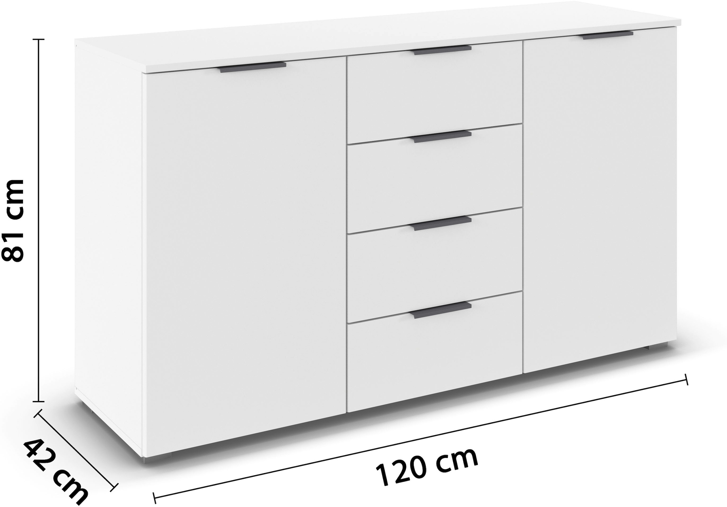 rauch Kombikommode »Sideboard Schubladenkommode AGORDO mit Dekor- oder Hochglanzfront«, (in zwei Griff-Farben, Breite 120 cm inkl. Soft-Close-Funktion), vier große Schubladen, mit insgesamt 4 Einlegeböden MADE IN GERMANY