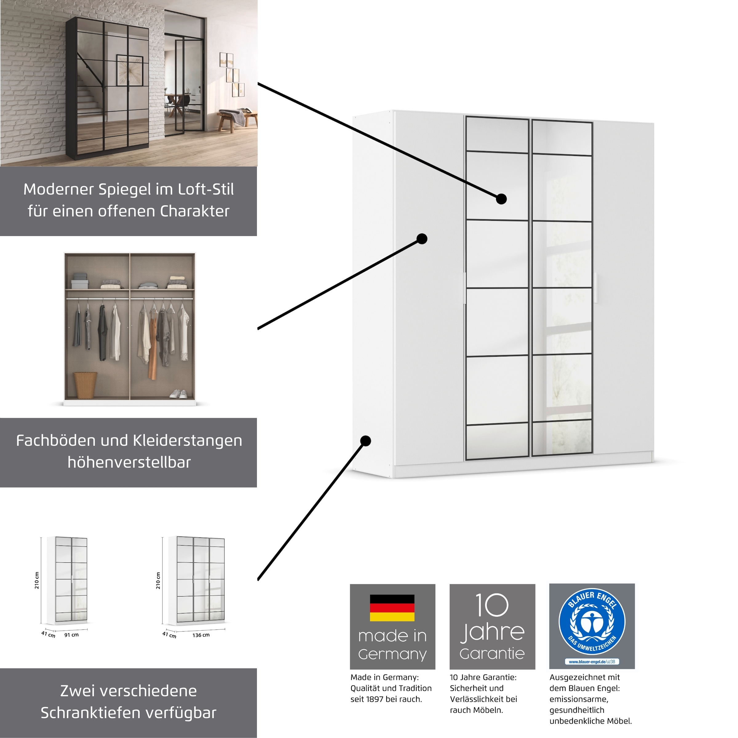 rauch Drehtürenschrank »Kleiderschrank Schrank Garderobe Schlafzimmerschrank ACERO«, (praktisch in Tiefe 41 cm mit vielen Einlegeböden), Spiegelfront in moderner Loft-Optik MADE IN GERMANY