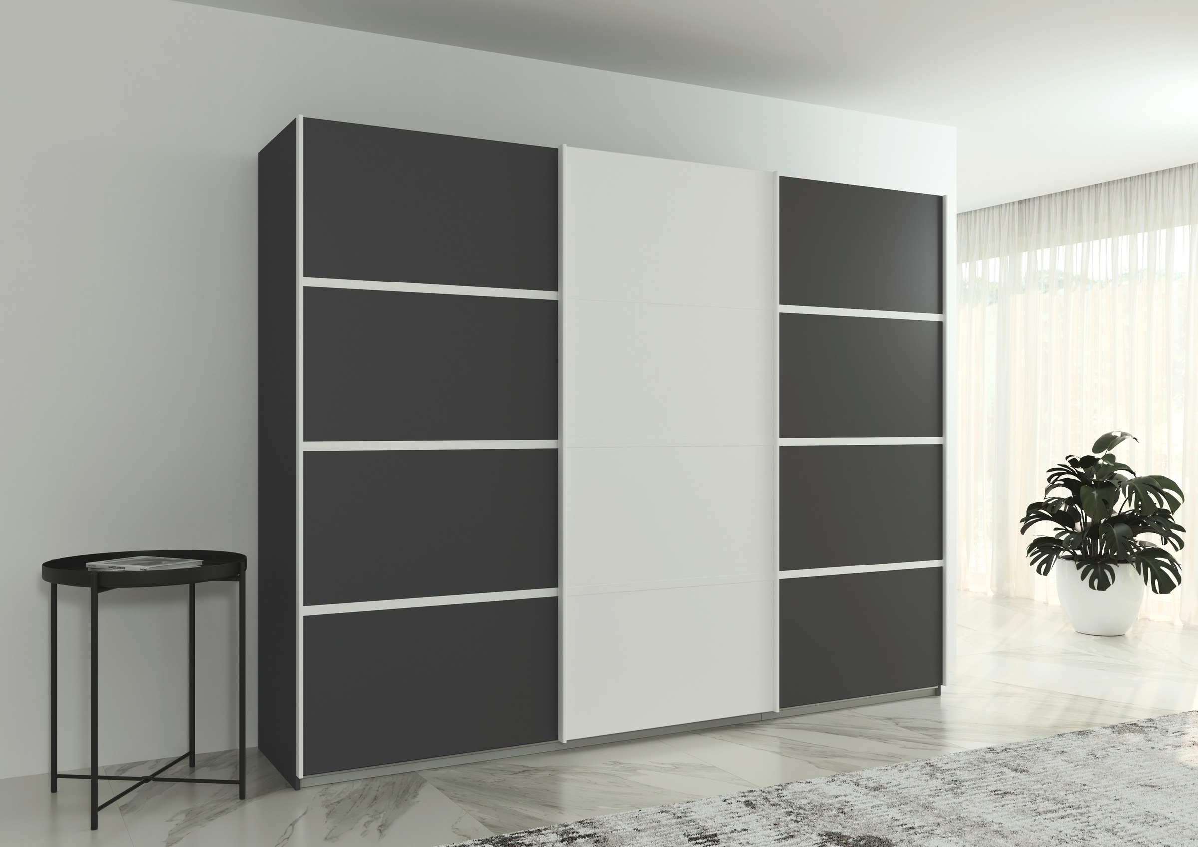 rauch Kleiderschrank »Schwebetürenschrank Garderobe Schrank TOP ANGEBOT Avola«, (in 3 verschiedenen Ausstattungen BASIC/CLASSIC/PREMIUM), mit eleganten Zierleisten in Chrom, Schwarz oder Weiß MADE IN GERMANY