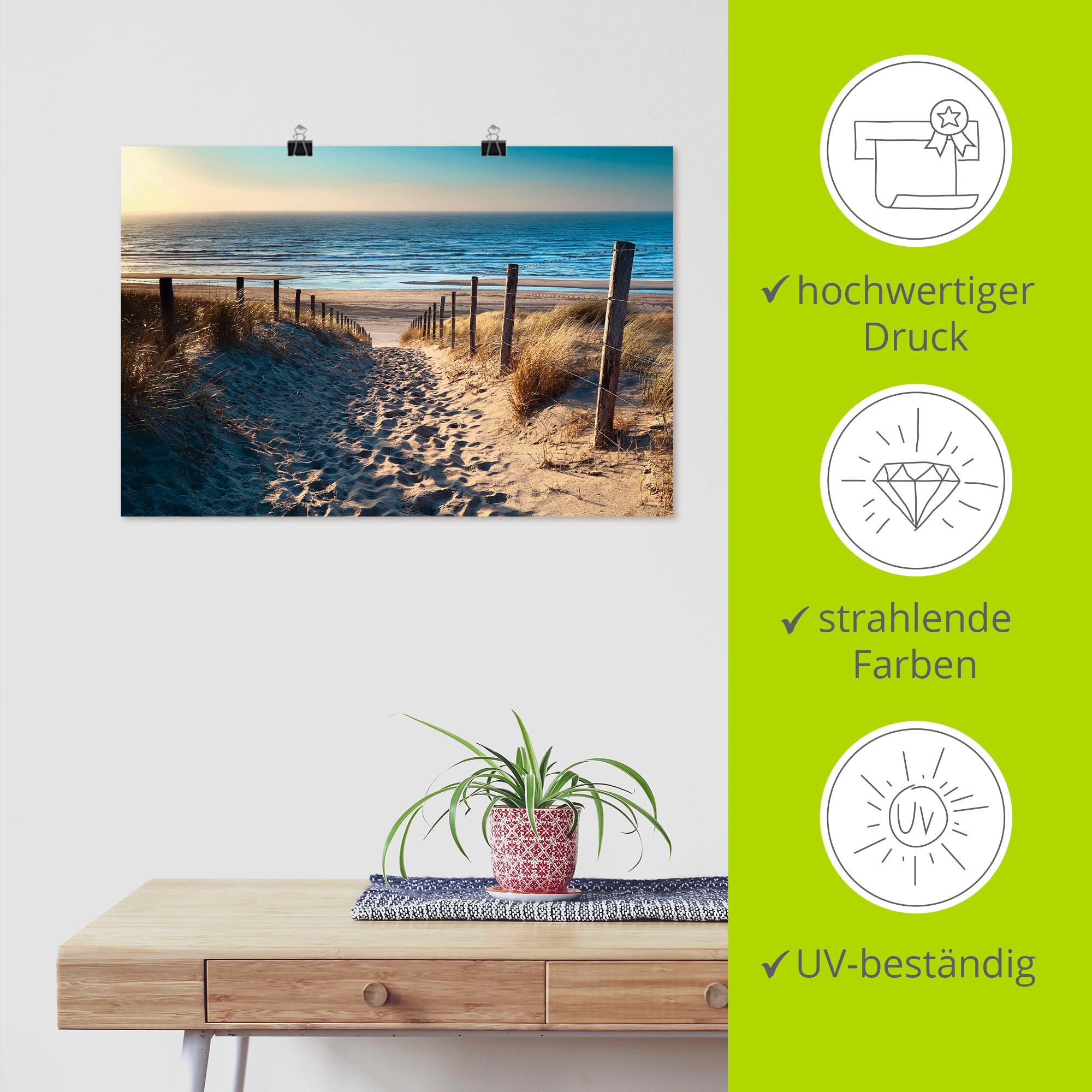 Artland Wandbild »Weg zum Nordseestrand Sonnenuntergang«, Strand, (1 St.), als Alubild, Outdoorbild, Leinwandbild, Poster, Wandaufkleber