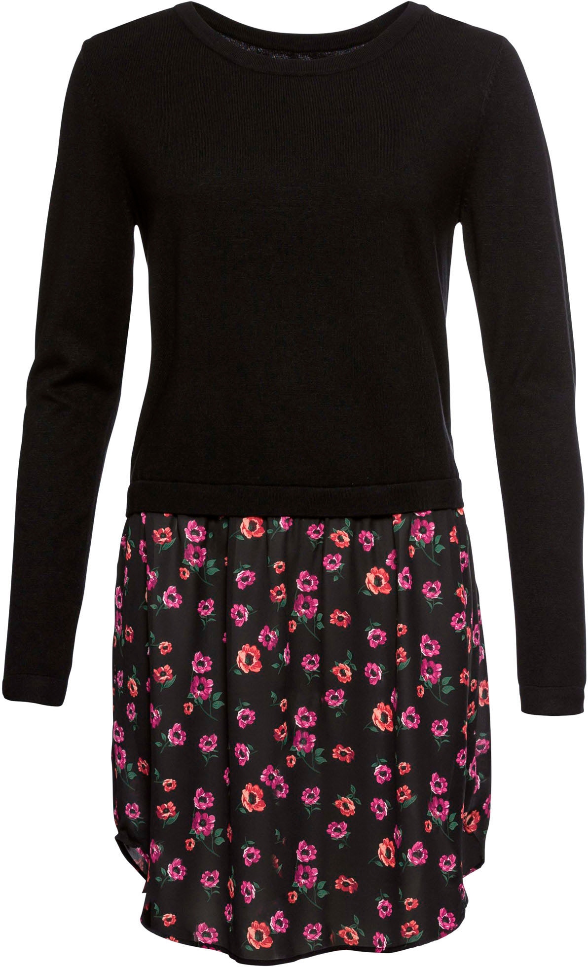 bonprix Strickpullover »Feinstrickpullover mit Rockansatz« mit Materialmix, runder Halsausschnitt, mehrfarbige Optik