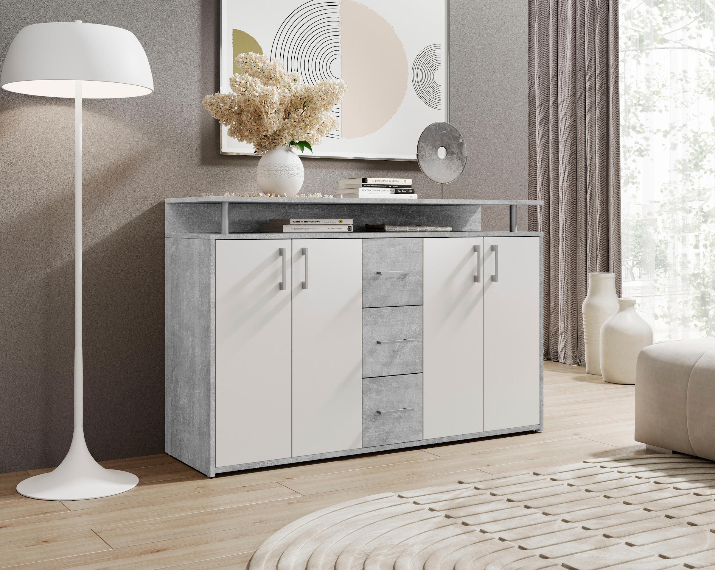 HBZ Sideboard »Drivno Sideboard, B/H/T 139x90x34 cm« 1 Stk. tlg. Breite 139cm, Kugelauszug, Einlegeböden verstellbar,  3 Schubkästen