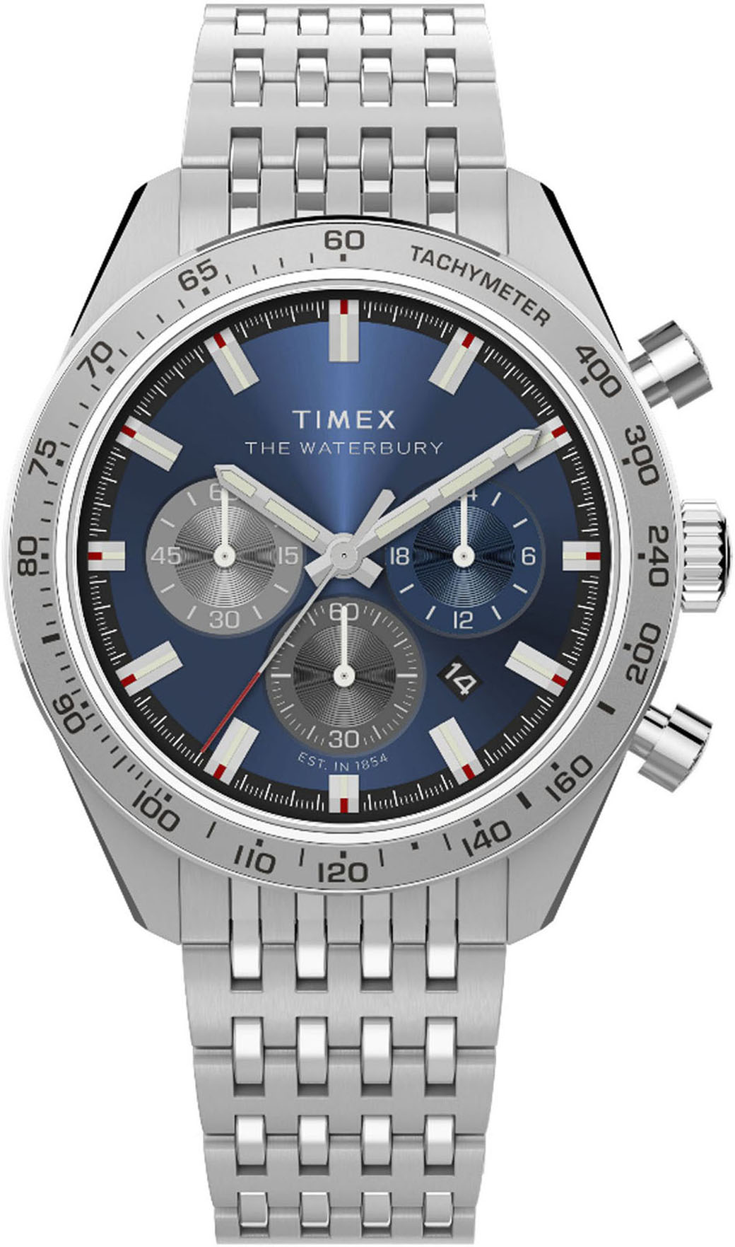 Timex Chronograph »Waterbury Traditional« Quarzuhr, Armbanduhr, Herrenuhr, Edelstahlarmband, Stoppfunktion, Tag