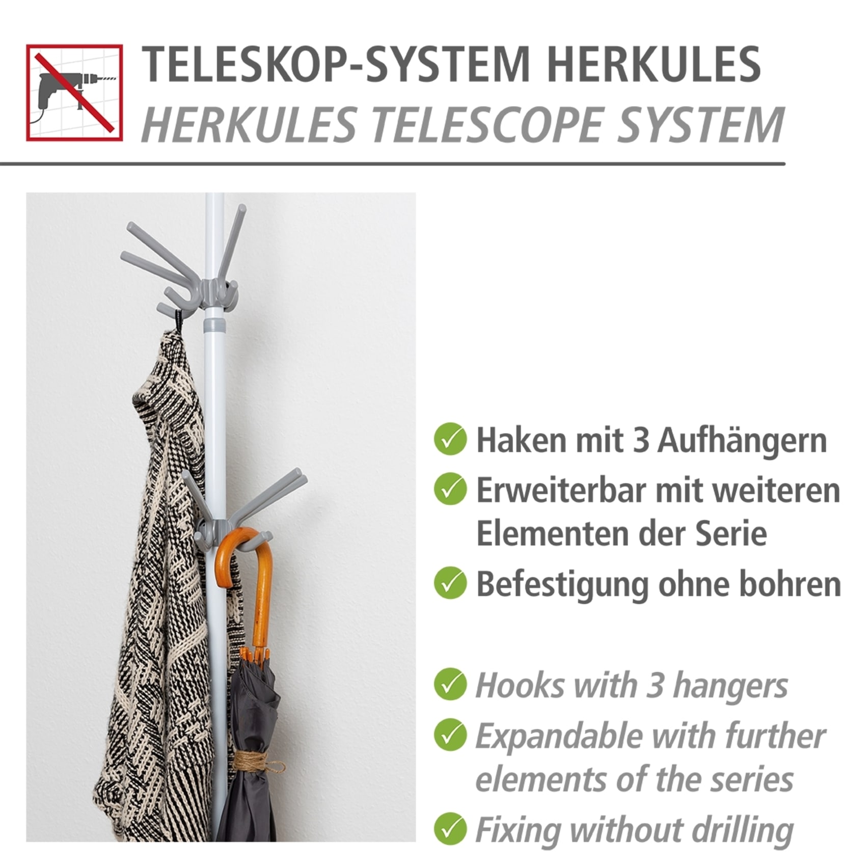 WENKO Kleiderhaken »Modell Herkules«, Haken mit 3 Aufhängern, Erweiterung zum WENKO Herkules Teleskop-System
