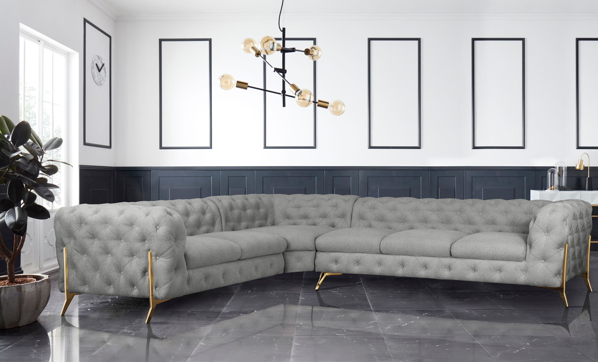Leonique Chesterfield-Sofa »Amaury L-Form«, großes Ecksofa, Chesterfield-Optik, Breite 323 cm, Fußfarbe wählbar