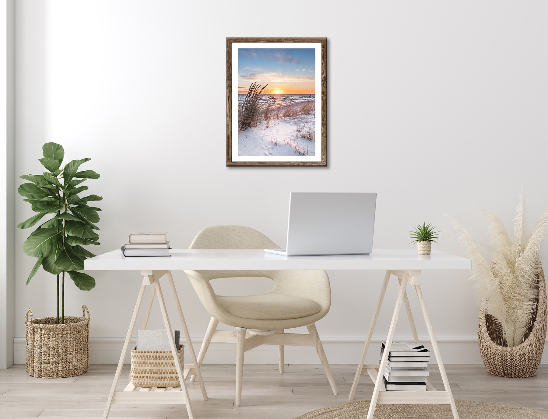 Bönninghoff Bild mit Rahmen »Wandbild gerahmt STRAND BEI SONNENAUFGANG 40x50 cm – Natur Wanddeko« Düne | Gräser | Küste | Landschaft | Meer | Natur | Sonnenaufgang & -untergang | Strand 1 Stk. tlg. mit dekorativem Rahmen