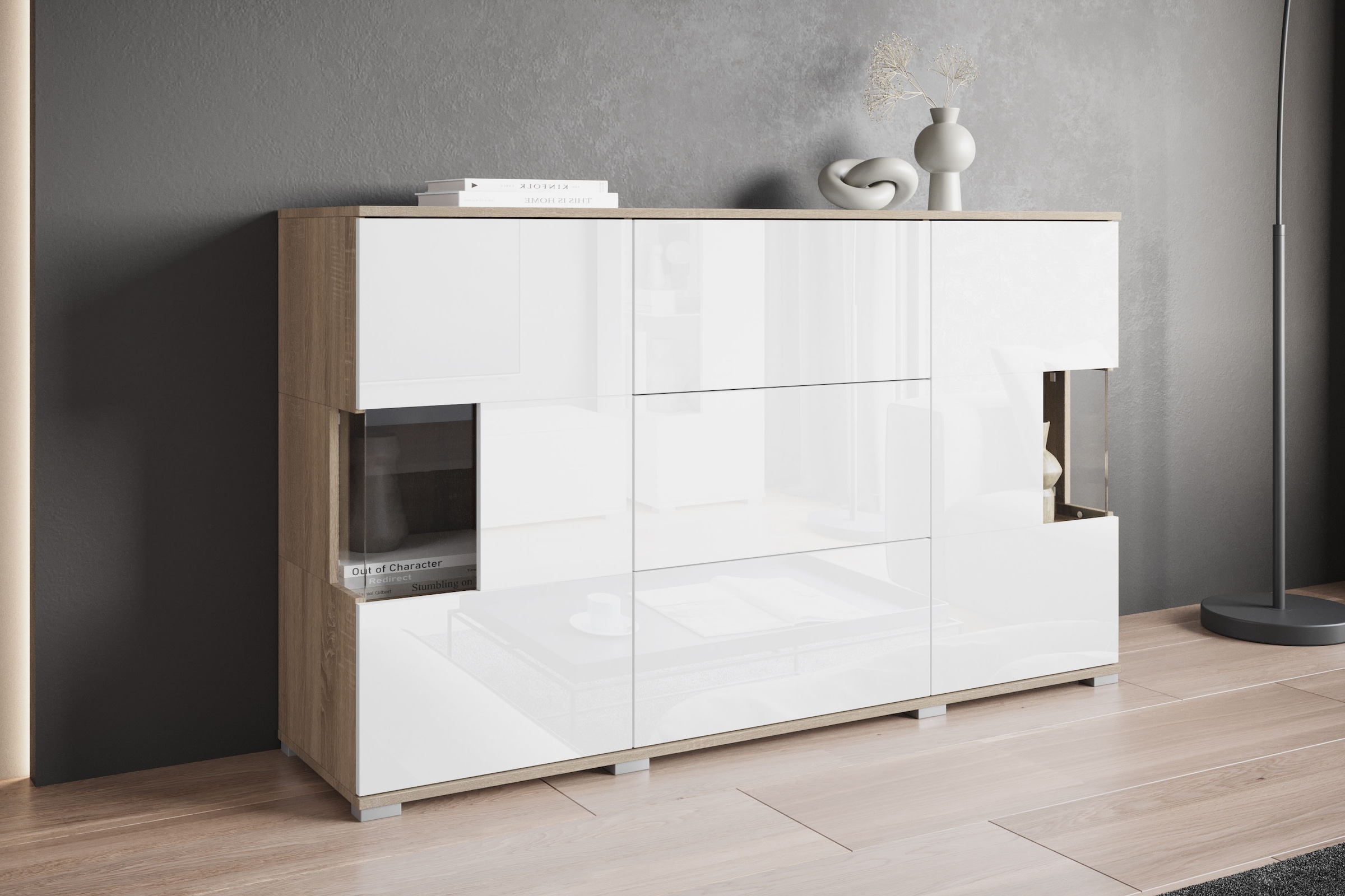 INOSIGN Sideboard »Kenia«, (1 St.), Sideboard mit 3 Schubladen, 6 Fächern, Glastüren, Breite 150 cm