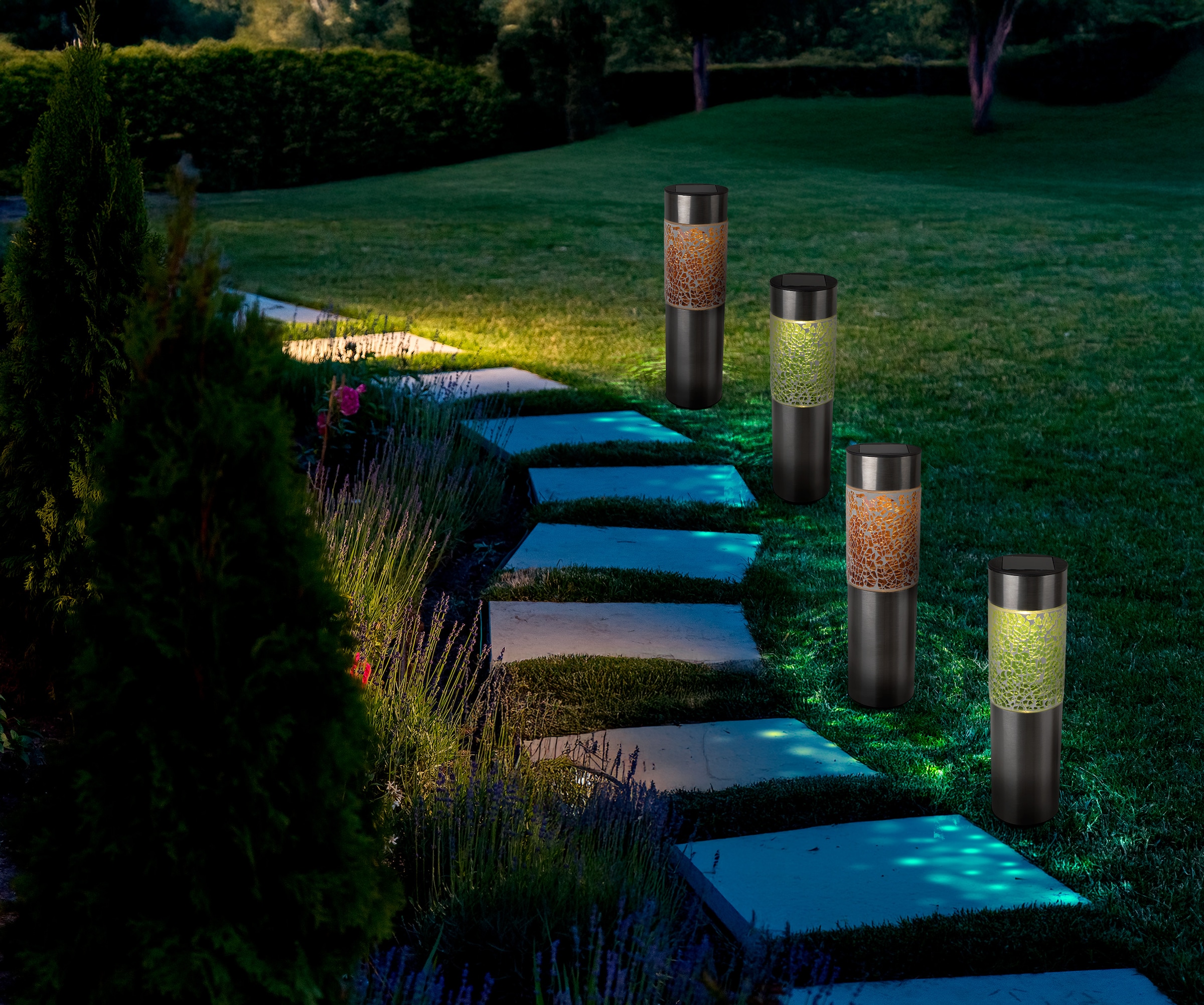 näve LED Solarleuchte »Havanna« LED-Modul 1 Stk. Warmweiß 4er-Set Dekoerdspieß grau, Glaseinsatz 2x grün, 2x orange, H: 33,5 cm