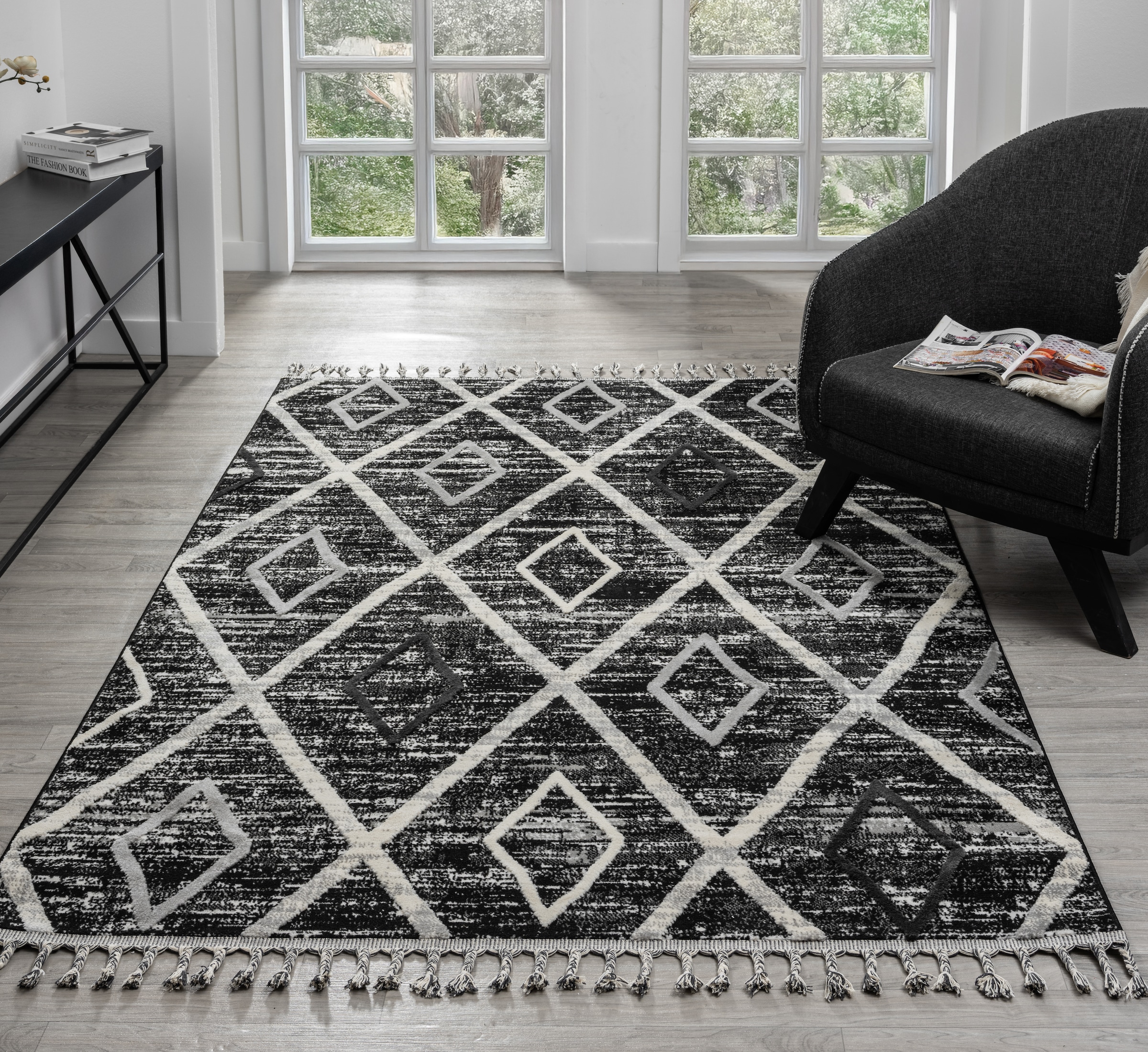 my home Teppich »Otilie«, rechteckig, 11 mm Höhe, dichte Qualität, Woll-Look, Boho, mit Fransen und Rauten, Scandi
