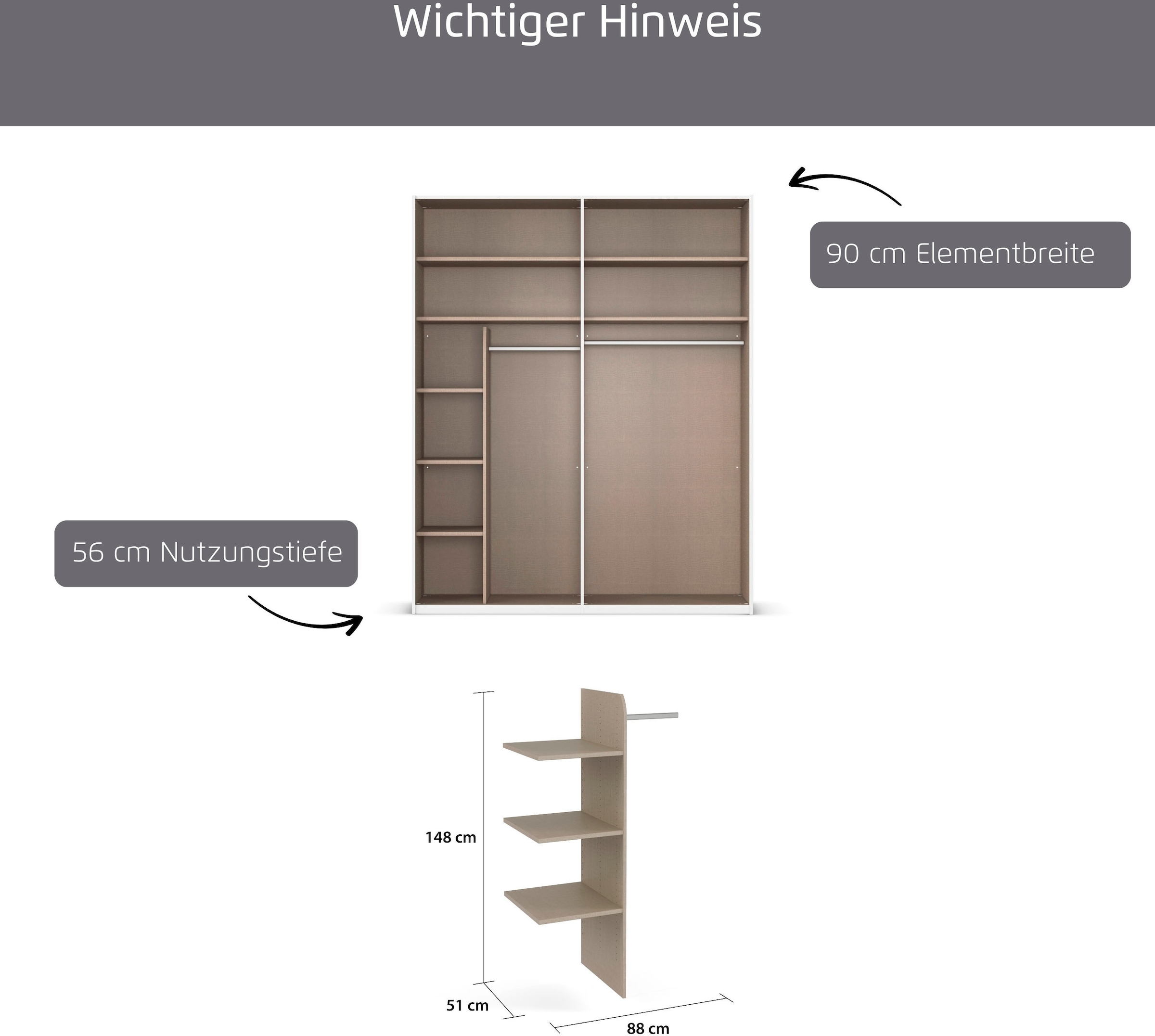 rauch Inneneinteilung »Zubehör für Rauch-Schwebetürenschränke ORANGE« Breite 88 cm, Tiefe 51 cm mit 3 Einlegeböden und 1 Kleiderstange