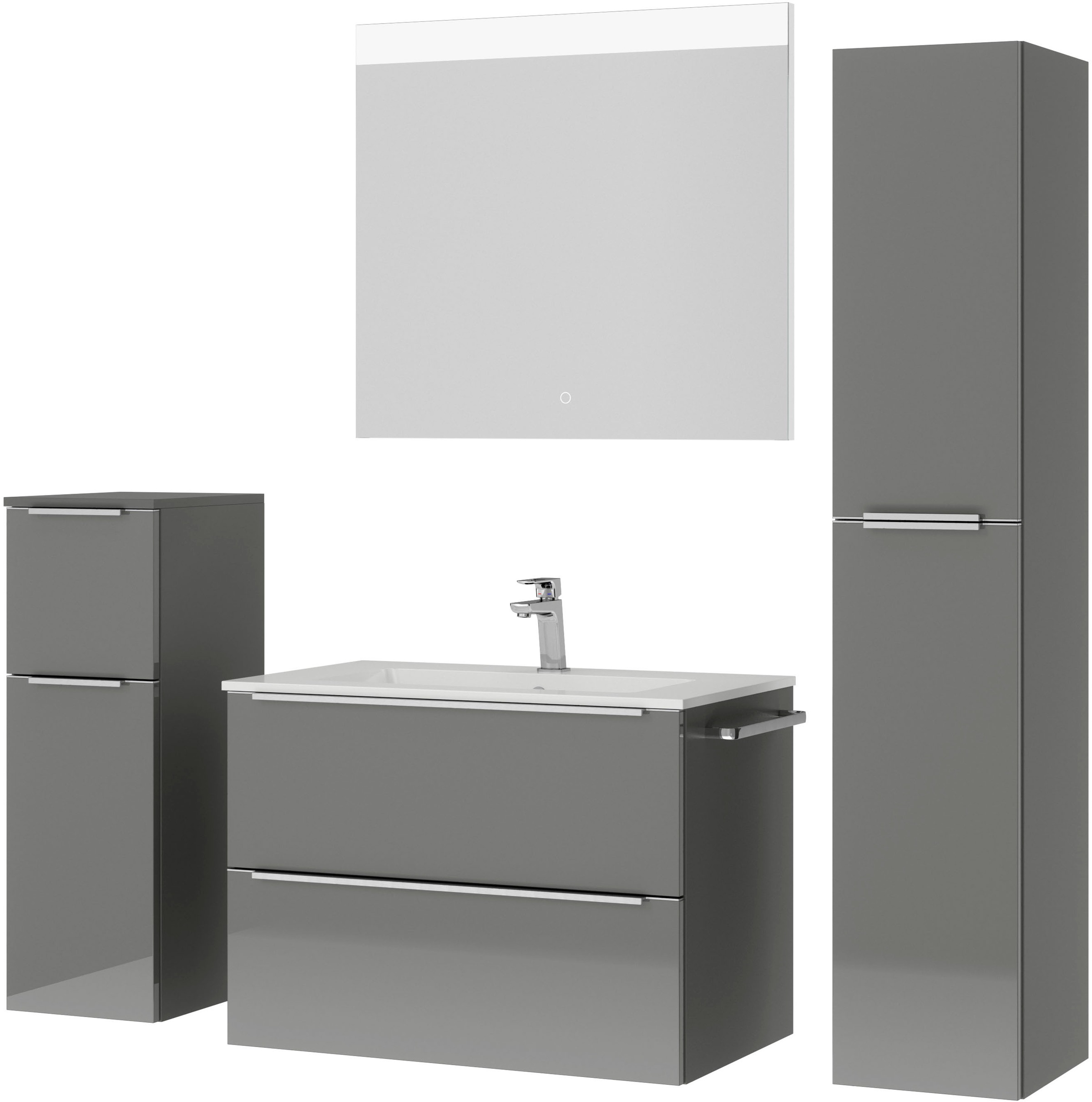 nobilia® Badmöbel-Set »Levere«, (4 St., vormontiert, mit Soft-Close), Hochglanz, inkl. Spiegel mit Touch-Sensor, in vier Breiten