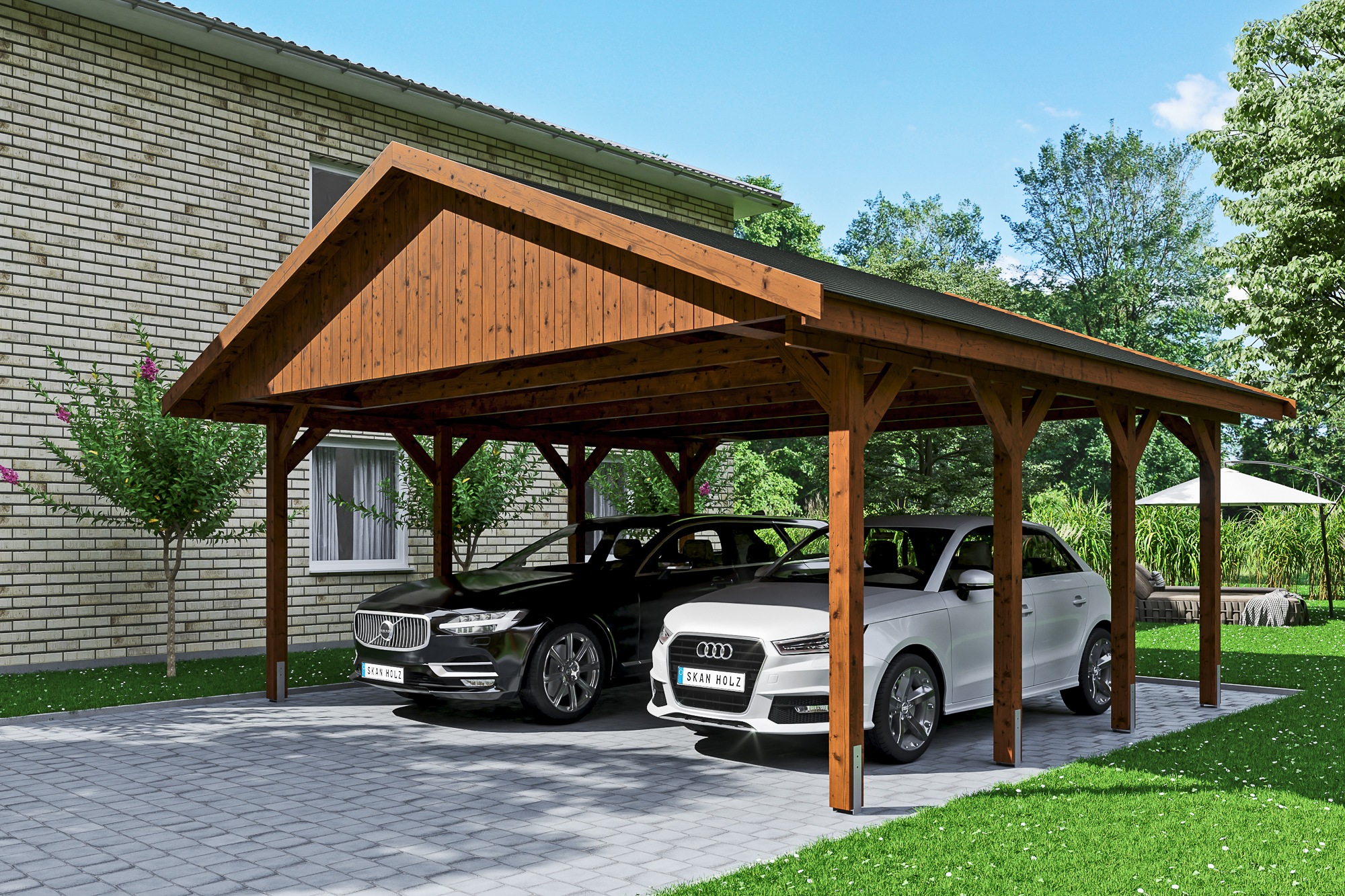 Skanholz Doppelcarport »Wallgau«, 530 cm, Nussbaum, mit schwarzen Dachschindeln