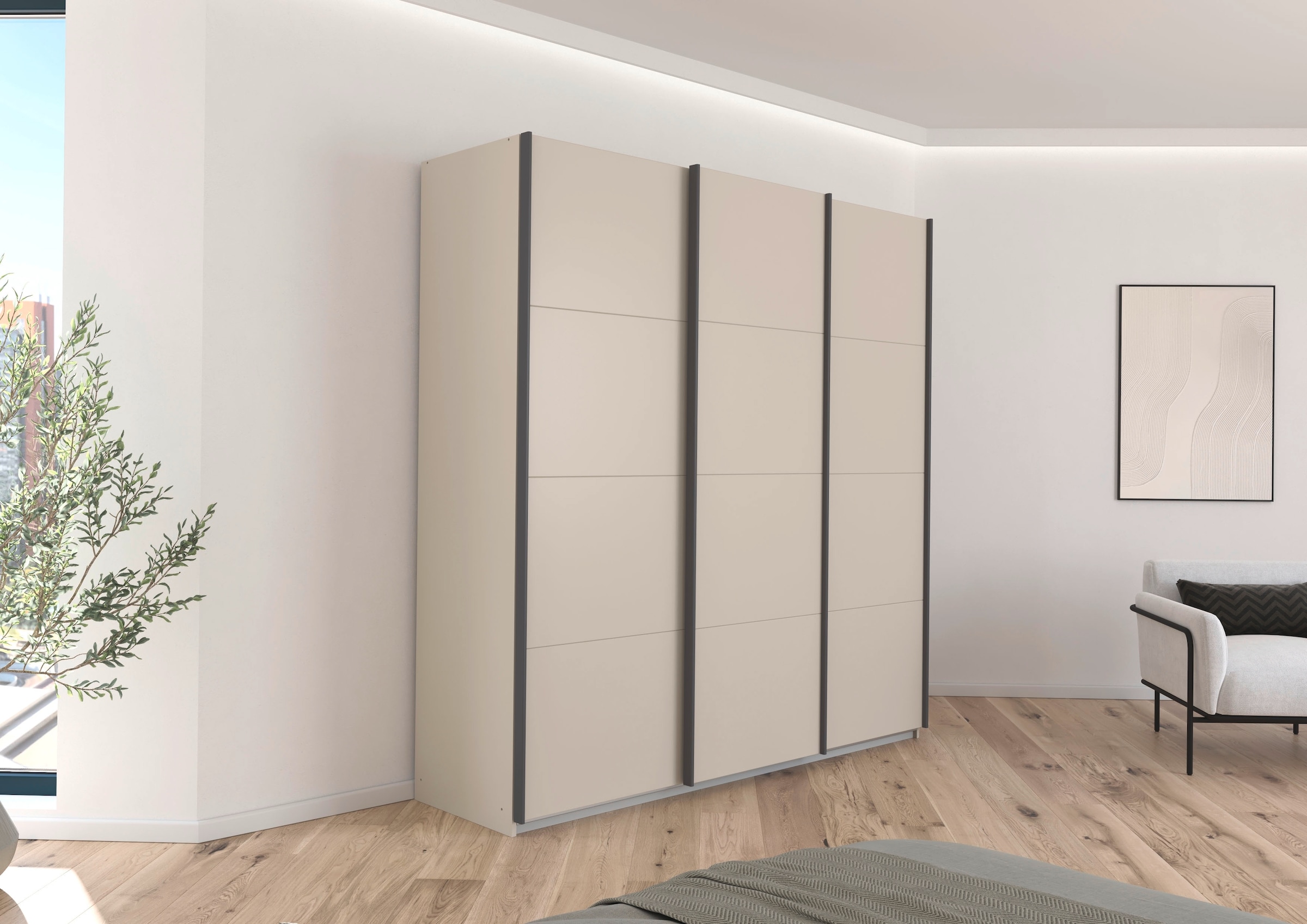 rauch Schwebetürenschrank »Kleiderschrank Schrank Garderobe AGORDO mit Dekor- oder Hochglanzfront«, (in zwei Griff-Farben), durchdachte Innenausstattung, in 4 Breiten und 2 Höhen MADE IN GERMANY
