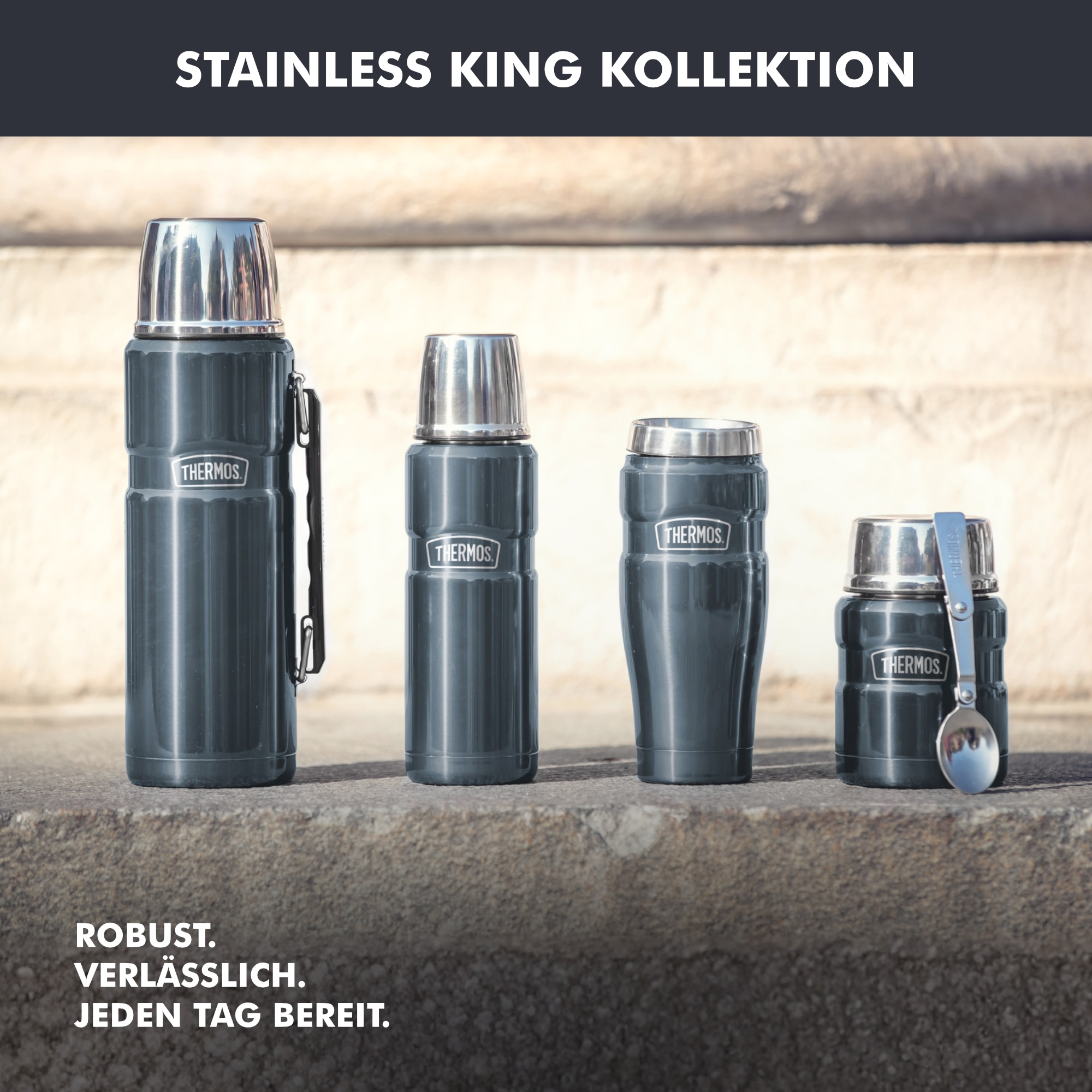 THERMOS Thermobecher »STAINLESS KING MUG, doppelwandiger Edelstahl, spülmaschinenfest« 0,47l, 7h heiß & 18h kalt, absolut dicht, DrinkLock – Verschlusssystem