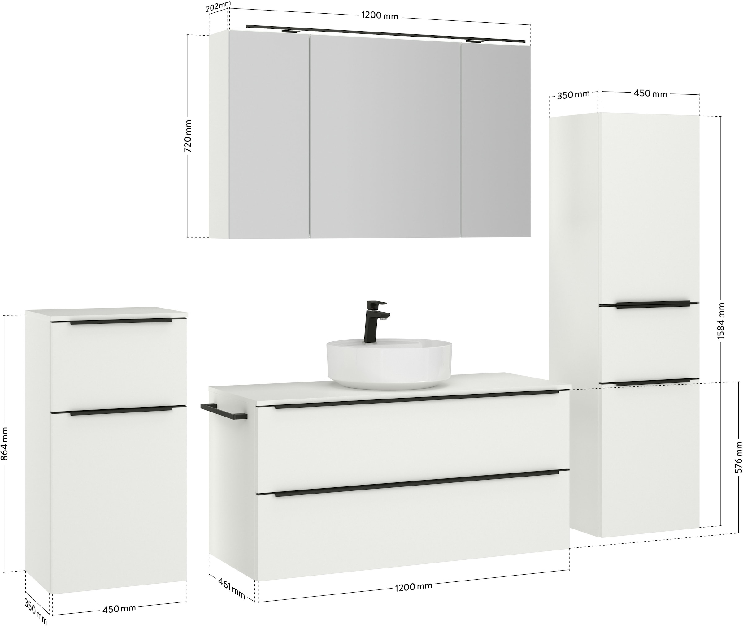 nobilia® Badmöbel-Set »Alvene«, (4 St., vormontiert, mit Soft-Close), inkl. Spiegelschrank mit Beleuchtung und Dimmerfunktion, in 4 Breiten