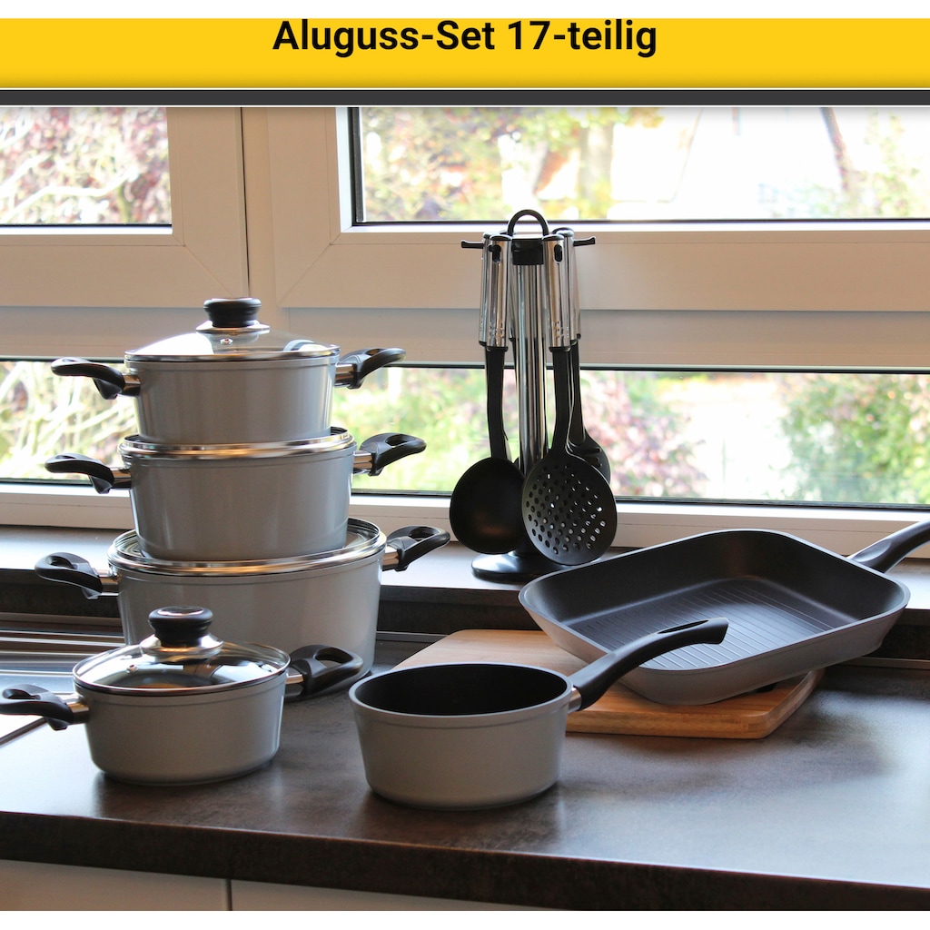 Krüger Topf-Set, Aluminiumguss, (Set, 17 tlg., Fleischtopf 16/18/20/24 cm, Stieltopf 16 cm, Steakpfanne)