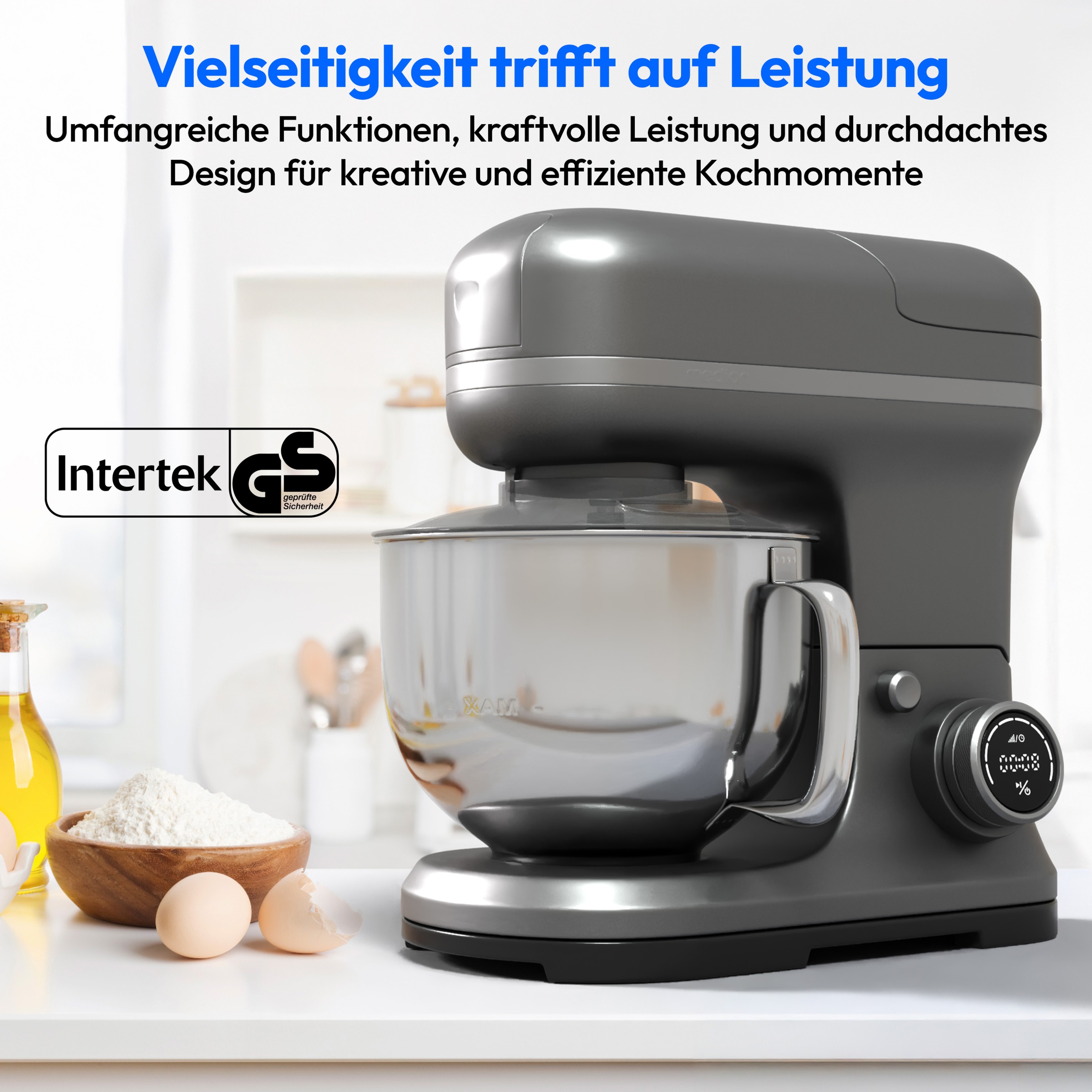 Medion® Küchenmaschine »MD 18430, 8 Geschwindigkeitsstufen, Impulsfunktion, 5L Rührschüssel«, Mit umfangreichem Zubehör-Set, Mixeraufsatz, Fleischwolf-Aufsatz