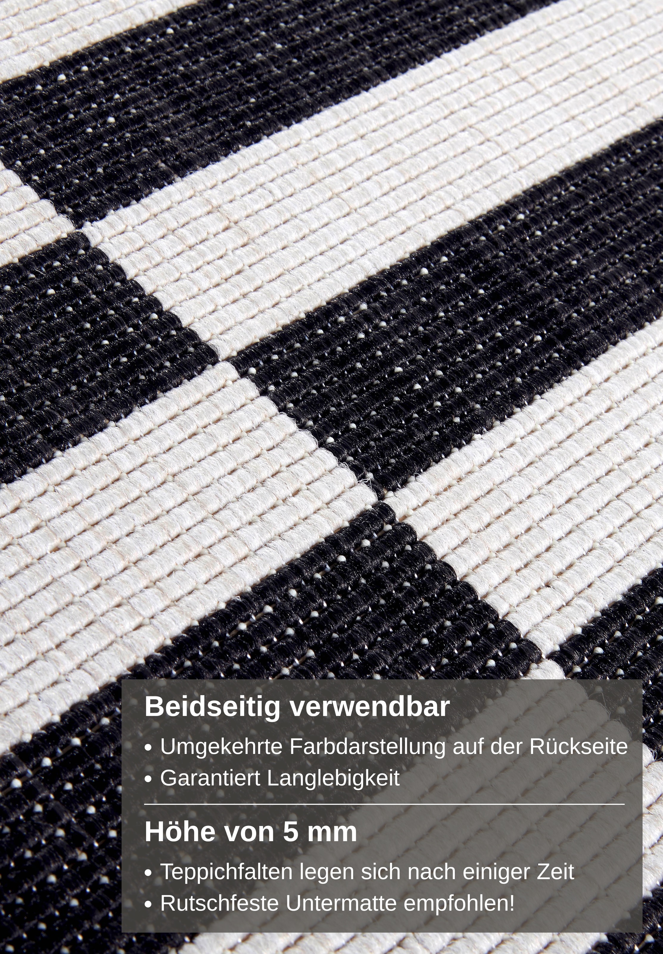 my home Teppich »Viela  Outdoor Wendeteppich, auch als Läufer erhältlich«, rechteckig, 5 mm Höhe, schwarz weiß, Flachgewebe, Balkon, Wohnzimmer, In-Outdoor, wasserfest