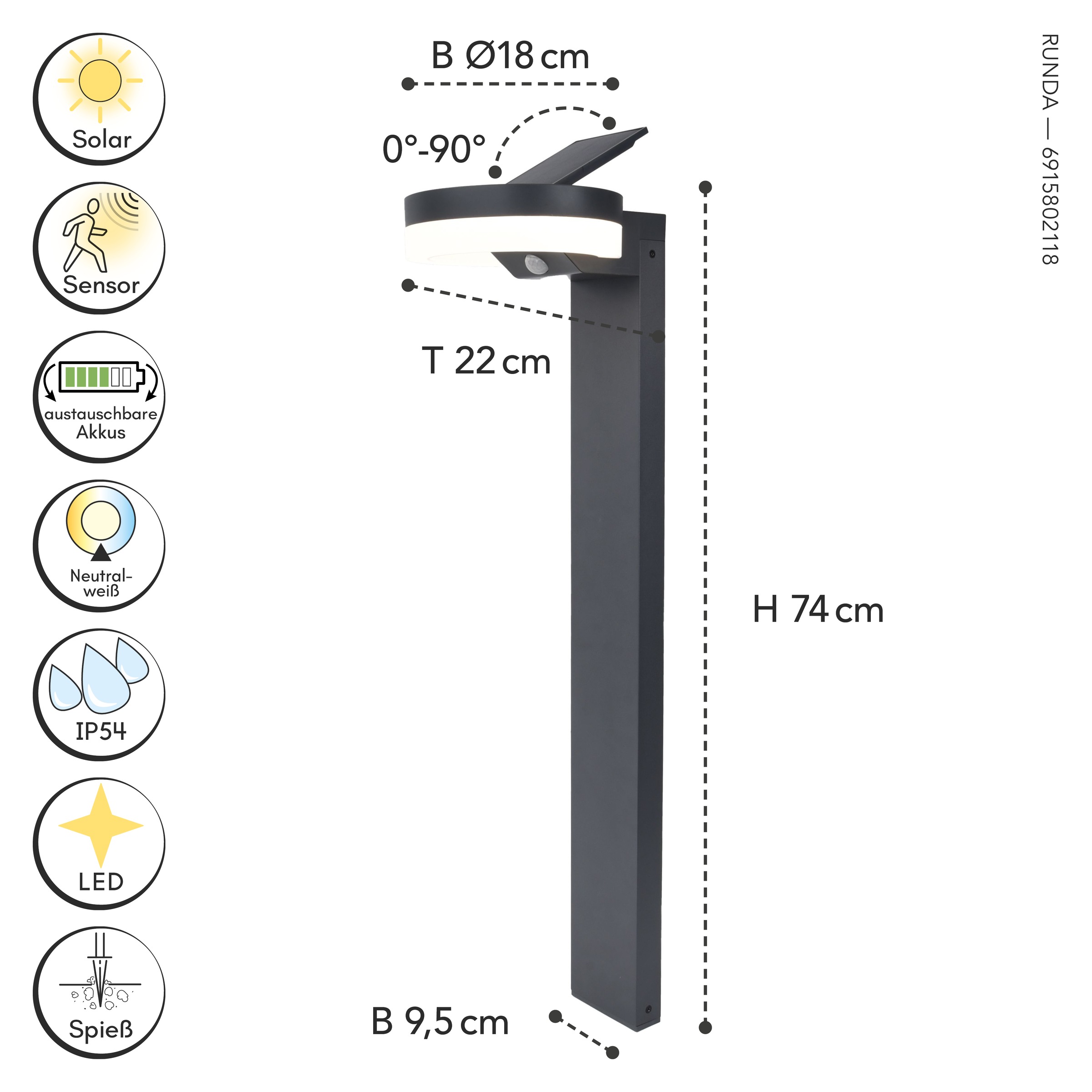 LUTEC LED Solarleuchte »LED-Solar-Aussenswegel. mit BWM RUNDA«, 1 flammig, Leuchtmittel LED-Board | LED fest integriert, Schwenkbares Solarpanel