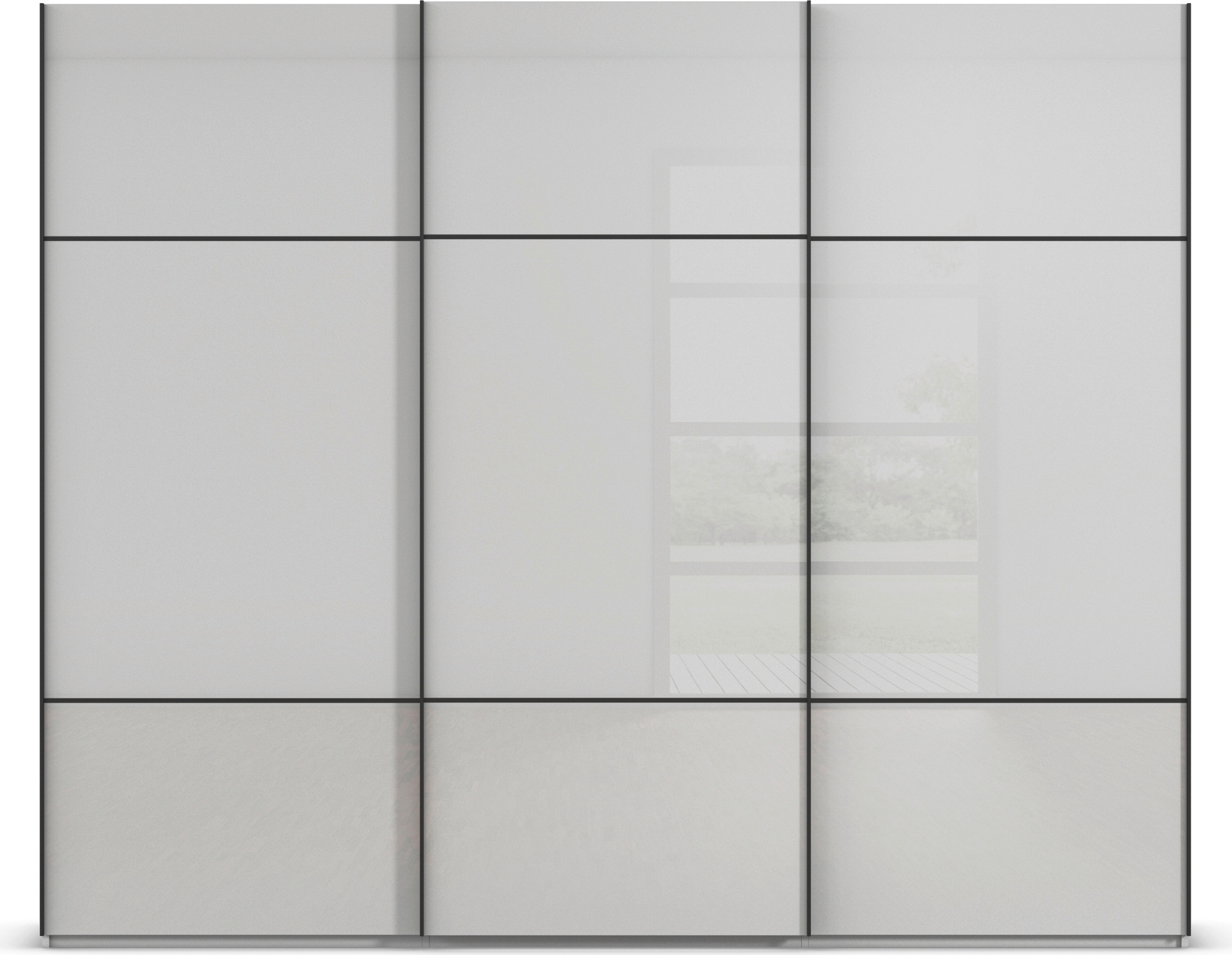 rauch Schwebetürenschrank »Kleiderschrank Schrank Garderobe Schlafzimmerschrank SCALE-TRIO«, edle dreigeteilte Front mit 2 Zierleisten Glasfront MADE IN GERMANY
