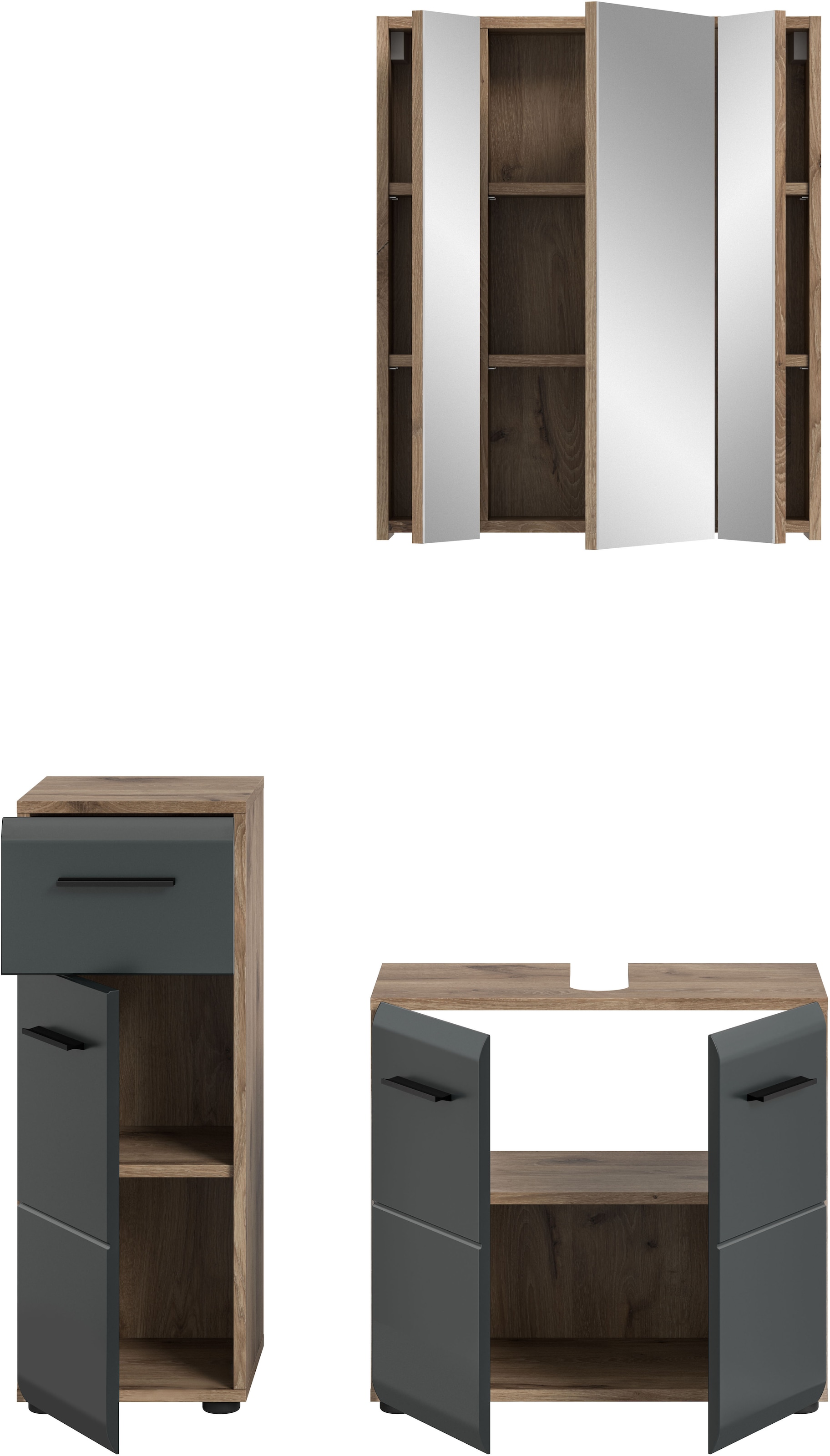 welltime Badmöbel-Set »FLORENZ,  3-teilige Badkombination, hochwertige MDF-Front« best. aus: 1 Unterschrank, 1 Waschbeckenunterschrank, 1 Spiegelschrank, 