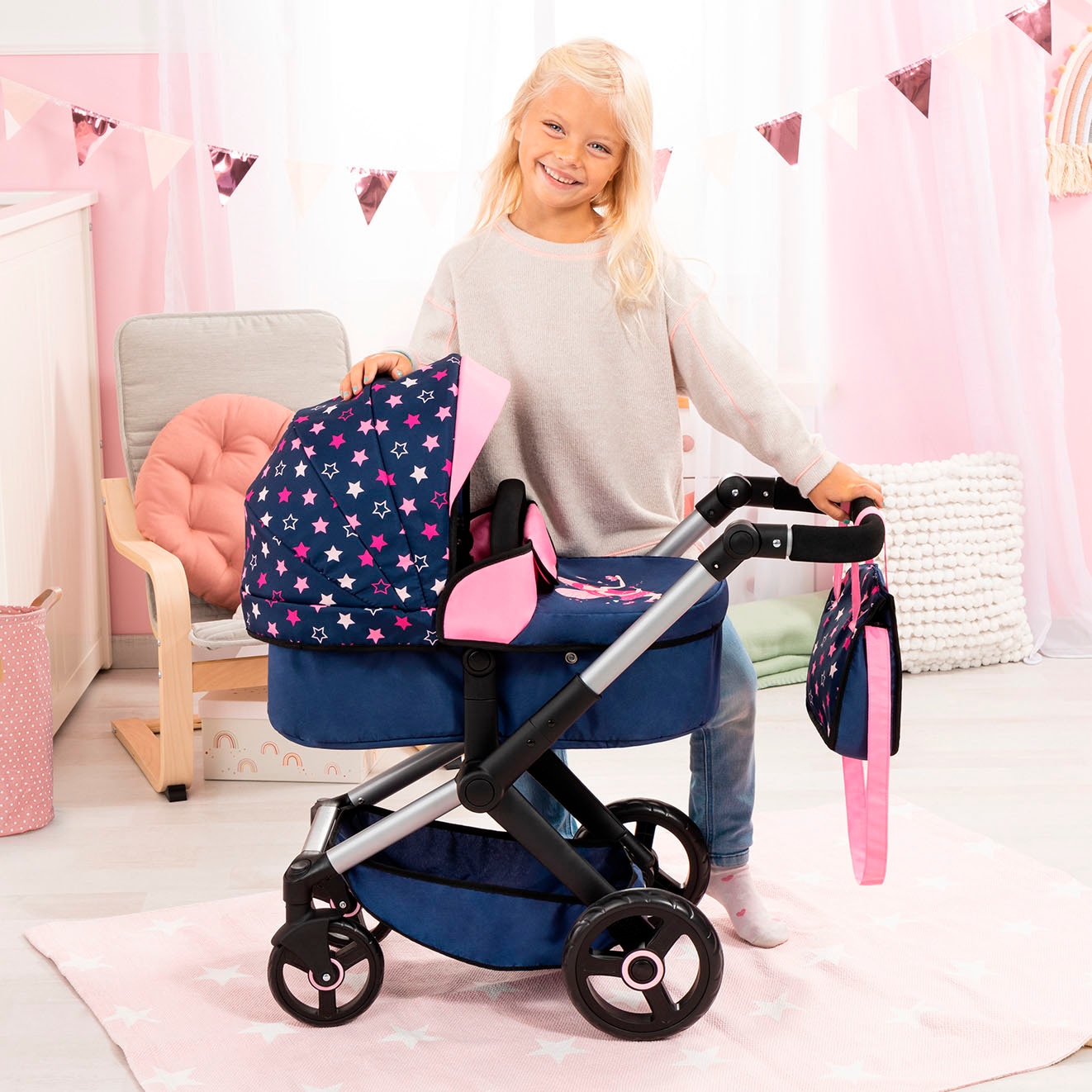 Bayer Kombi-Puppenwagen »Xeo, blau/pink Sternchen«