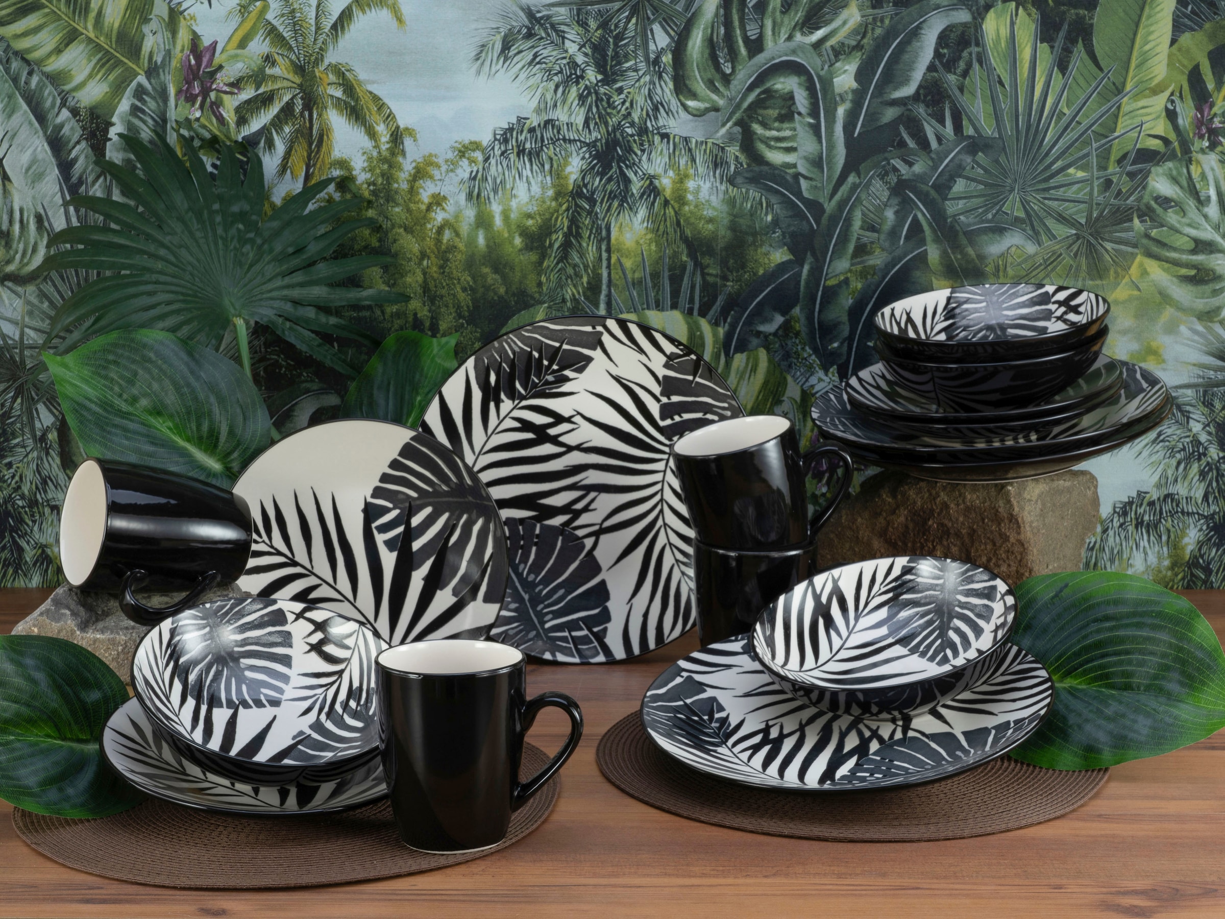 CreaTable Kombiservice »Tropicana«, (Set, 16 tlg.), vollflächiger tropischer Blätter Dekor