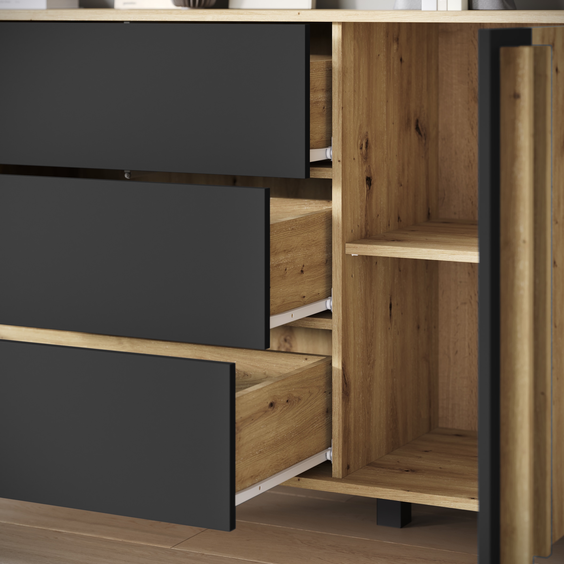 INOSIGN Sideboard »Helsinki, Kommode mit 2 Türen und 3 Schubladen, Breite 150 cm«, (1 St.), Push-to-Open-Schubladen, höhenverstellbare Einlegeböden