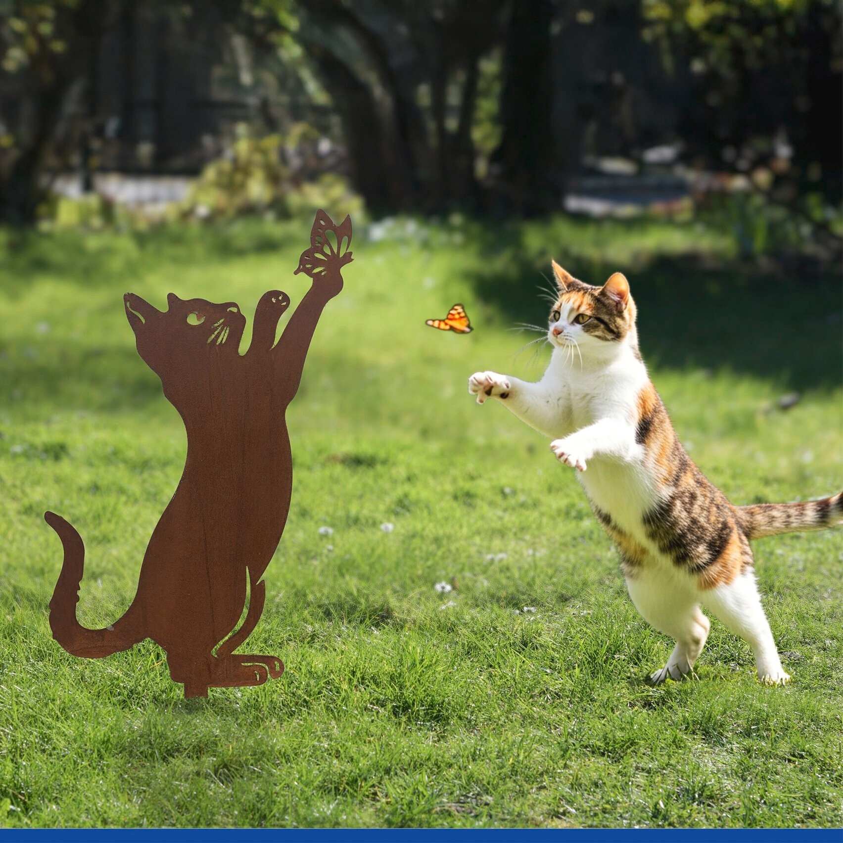 Maximex Gartenstecker »Katze & Schmetterling« Gartendekoration, wetterbeständig, Edelrost-Effekt mit feiner Patina