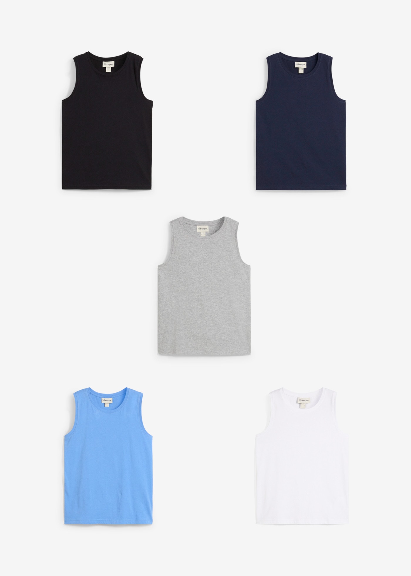 bonprix Tanktop Packung, 5er,  aus Baumwolle, ärmellos, Regular Fit, im 5er-Pack