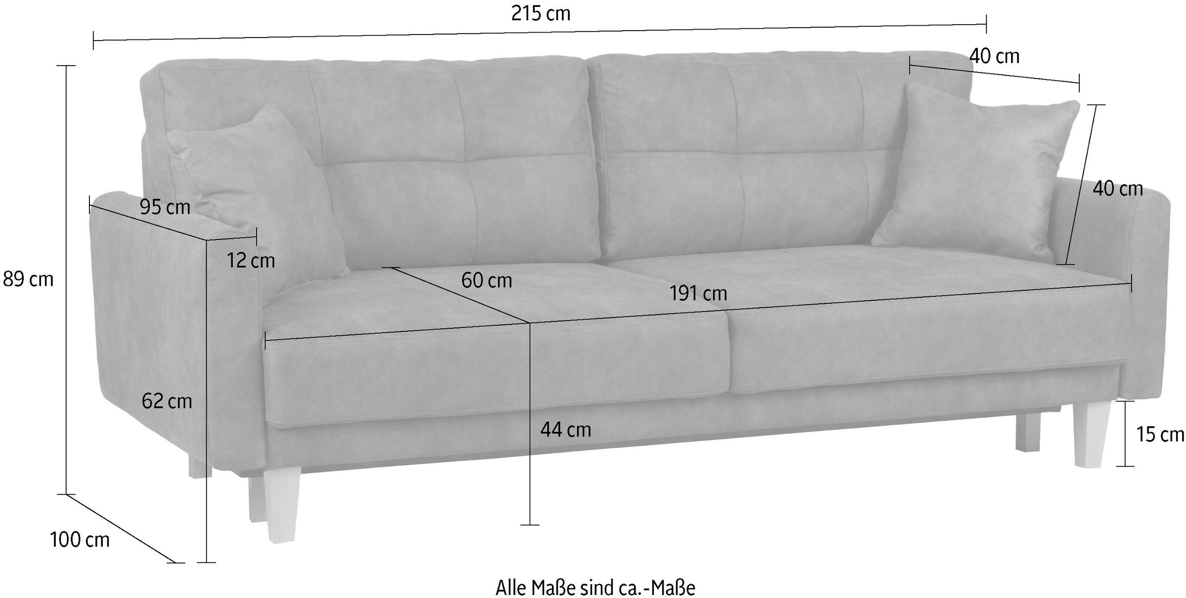Home affaire 3-Sitzer »TRIPLO optionale Schlafsofa mit Bettkasten, Maße B/T/H: 215/100/89 cm«, Wahlweise Bettfunktion - Liegefläche 145x191 cm, Rücken-, Zierkissen
