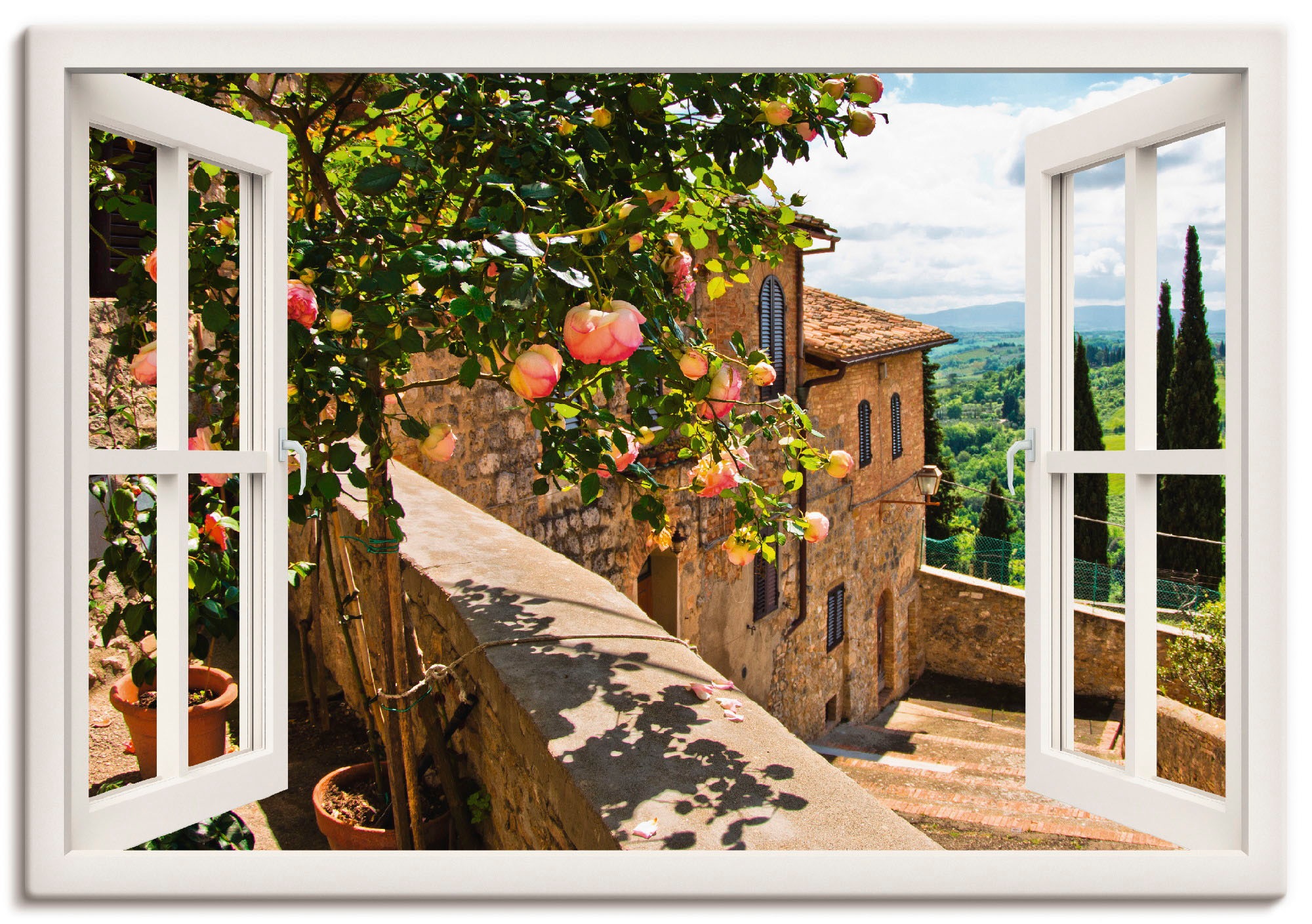 Artland Wandbild "Fensterblick Rosen auf Balkon Toskana", Garten, (1 St.), günstig online kaufen