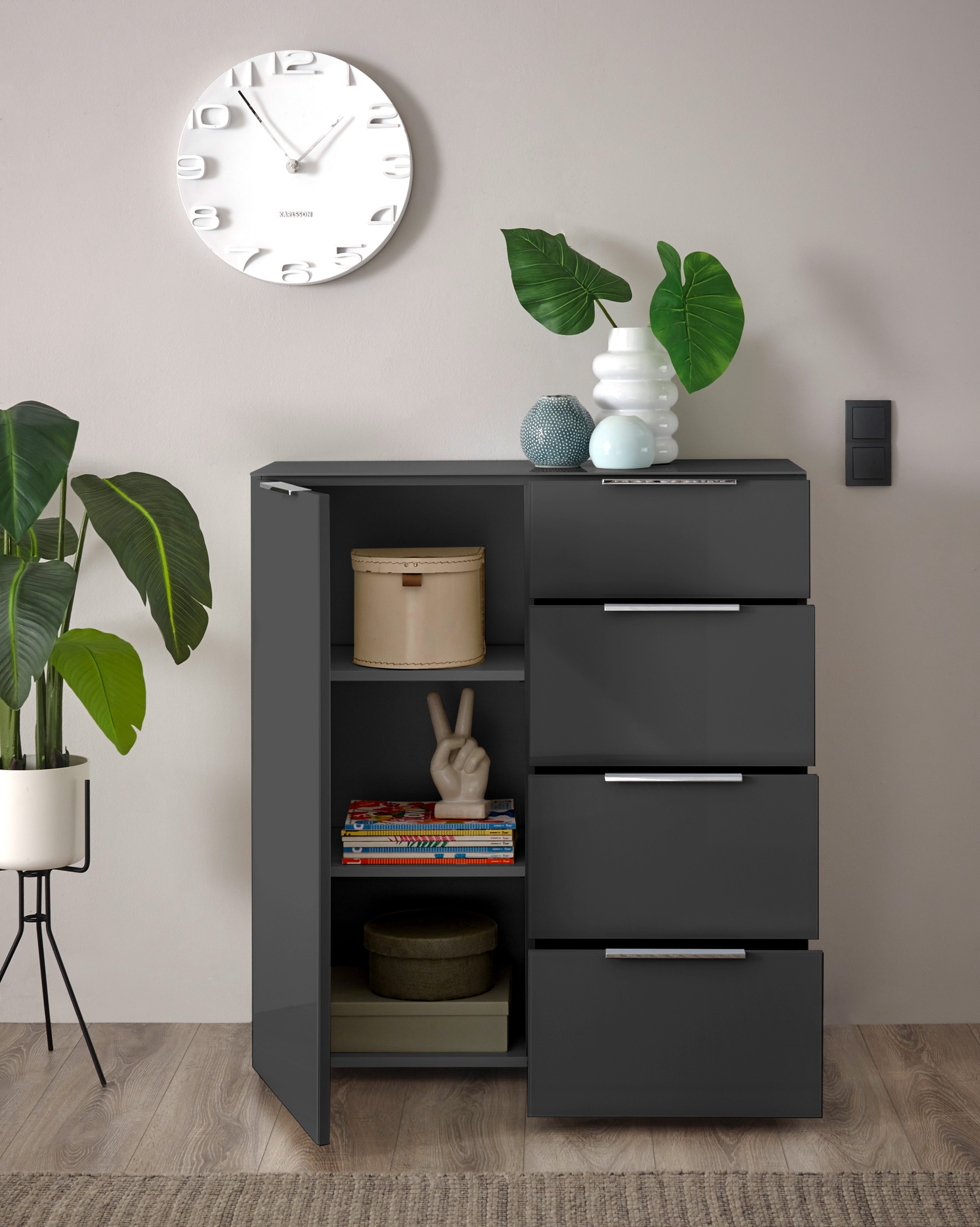 HBZ Sideboard »Santorin Mehrzweckschrank-Universalschrank, BxHxT 90x99x40 cm« 1 Stk. tlg. Mit 1 Tür und 4 Schubkästen mit Softclose, Glasfront und Glasoberboden