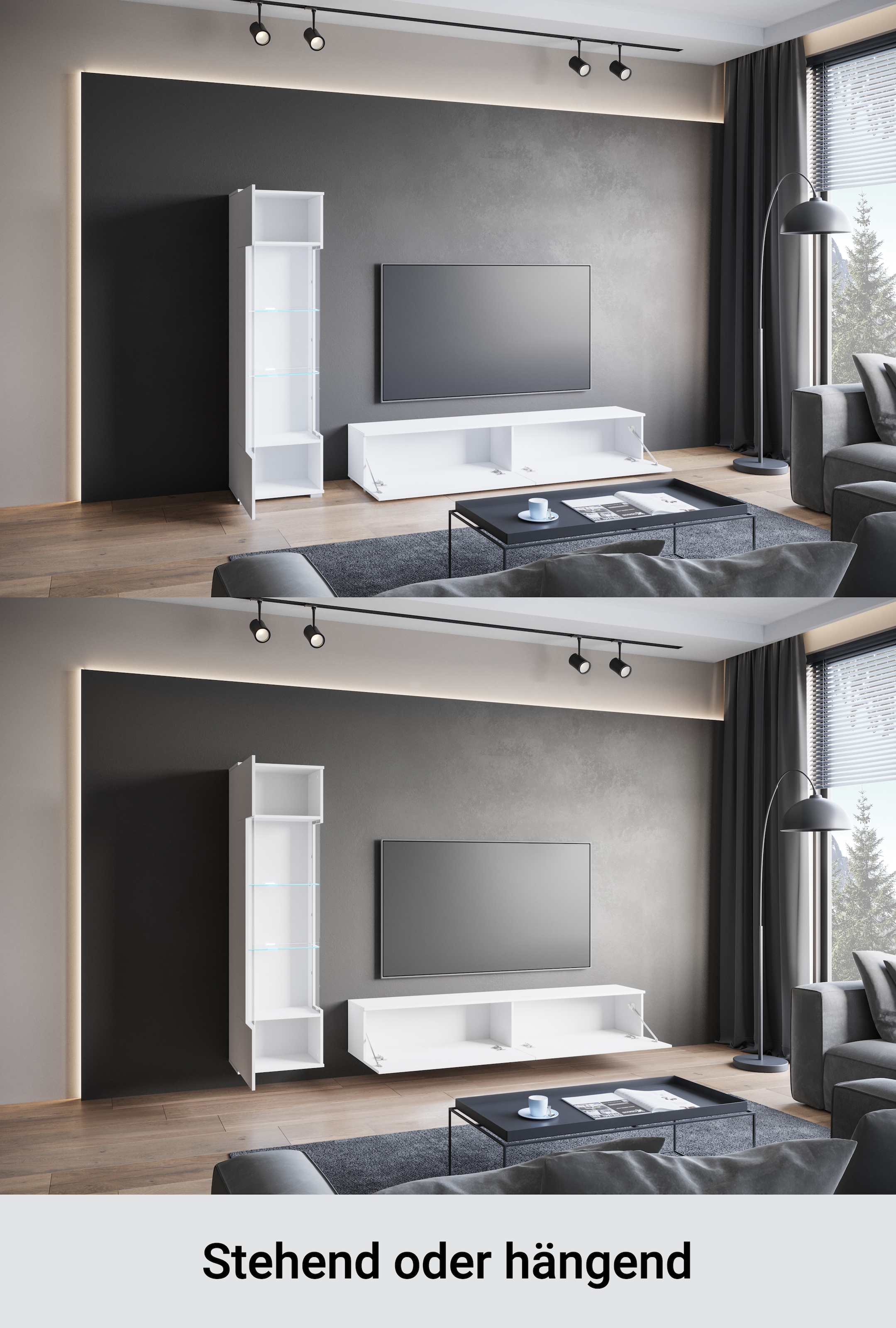 INOSIGN Wohnwand »Kenia, Vitrine Türanschlag links/rechts wechselbar«, (Komplett-Set, 2 St.), Vitrine mit Eckverglasung, hängend und stehend montierbar