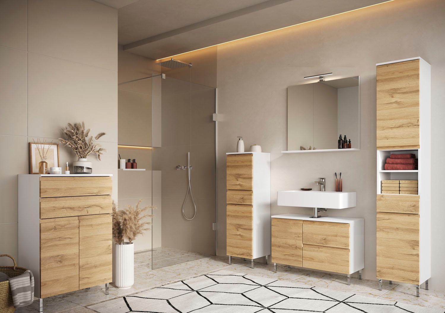 GERMANIA Badmöbel-Set »Torrance«, (5 St.), Unterschrank, Spiegel, Beleuchtung, Schrank, Kommode und Hochschrank