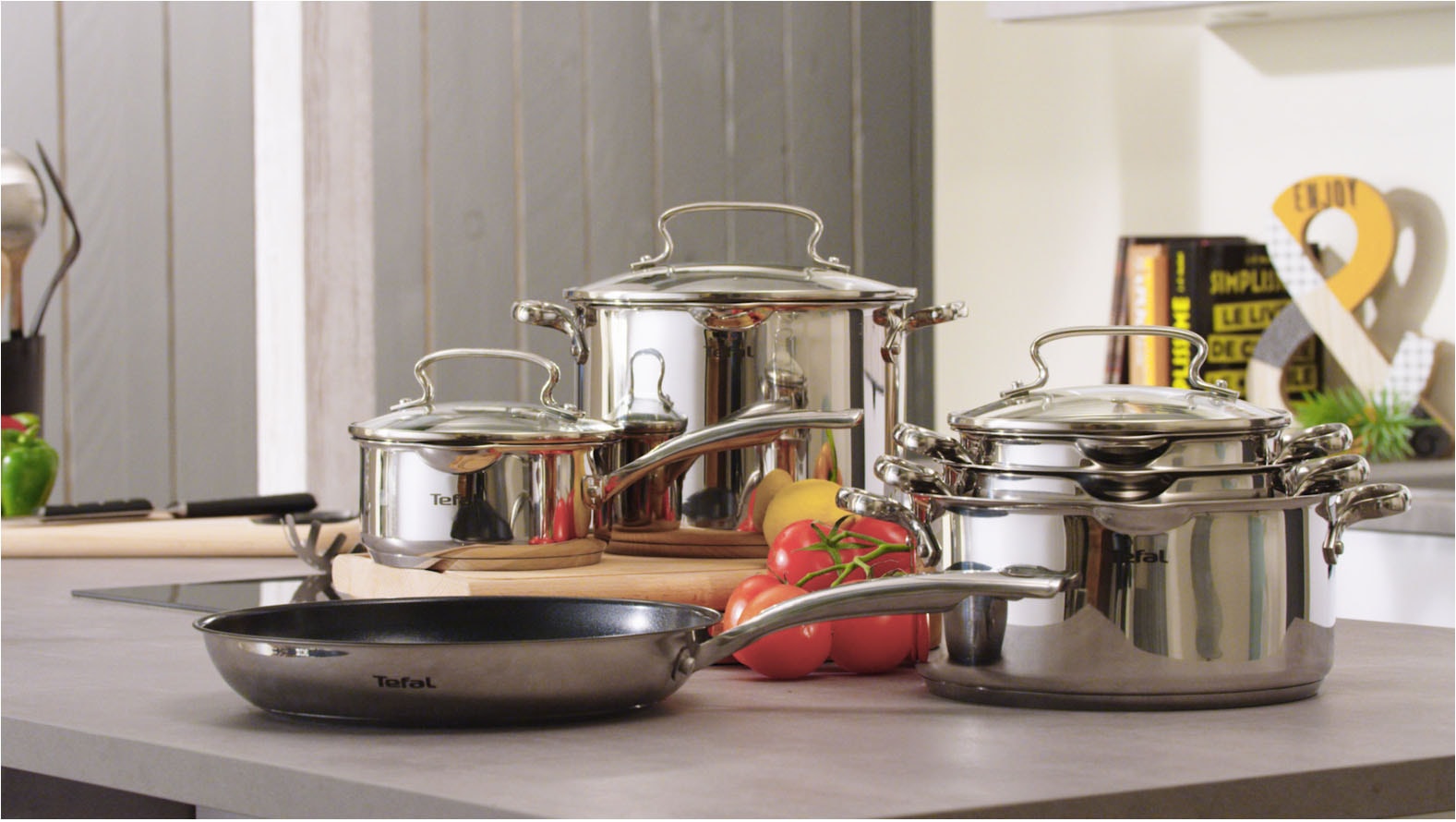 Tefal Pfannen-Set »Duetto+, langlebige Antihaftversiegelung, Thermo-Signal« Edelstahl Set, 3x Bratpfannen Ø 20/24/28 cm, 3 Stk. tlg. Edelstahl-Griff, Induktionspfanne, für aller Herdarten geeignet,G732S3