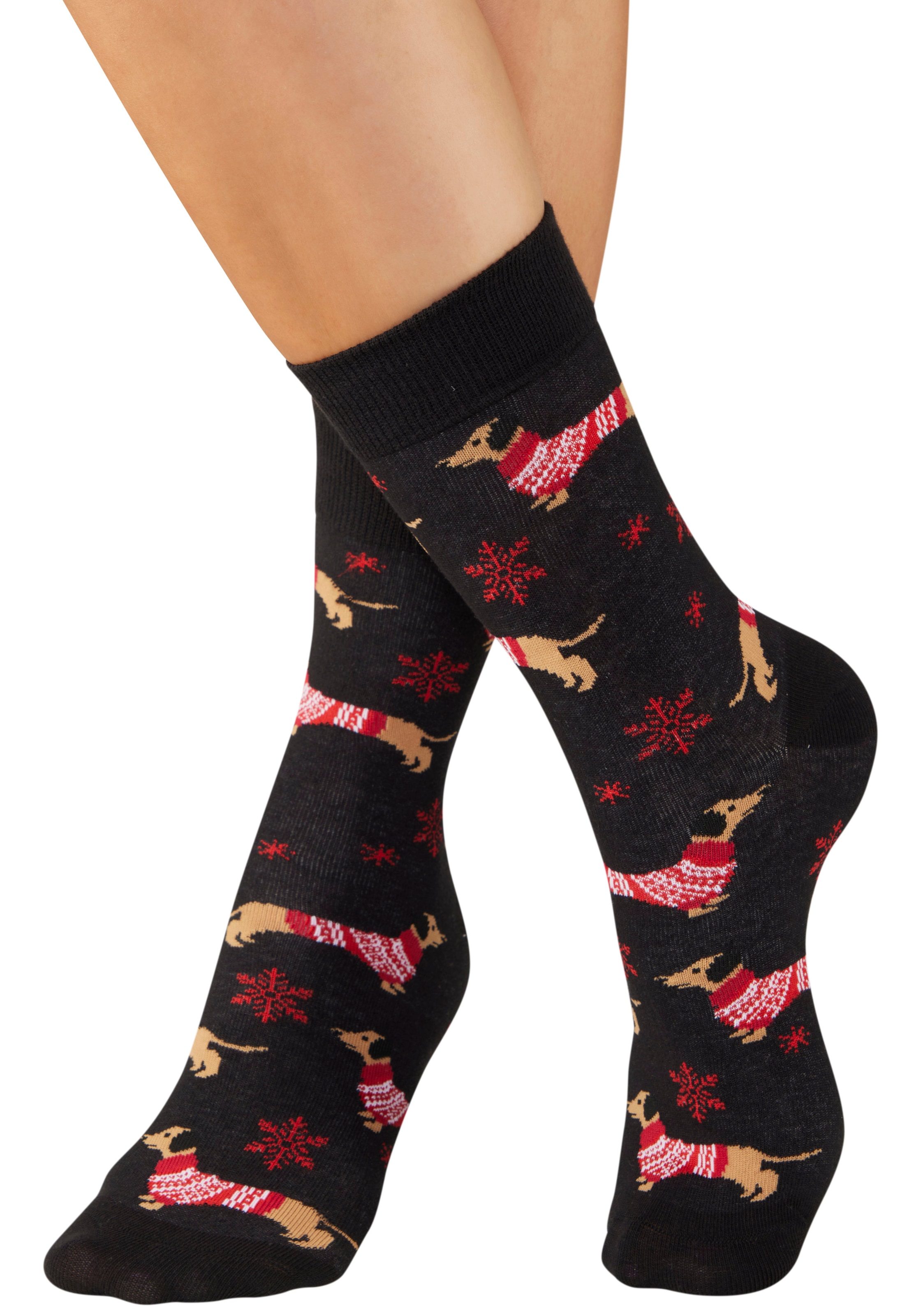 LASCANA Socken Packung, 3 Paar tlg. mit weihnachtlichem Dackelmotiv
