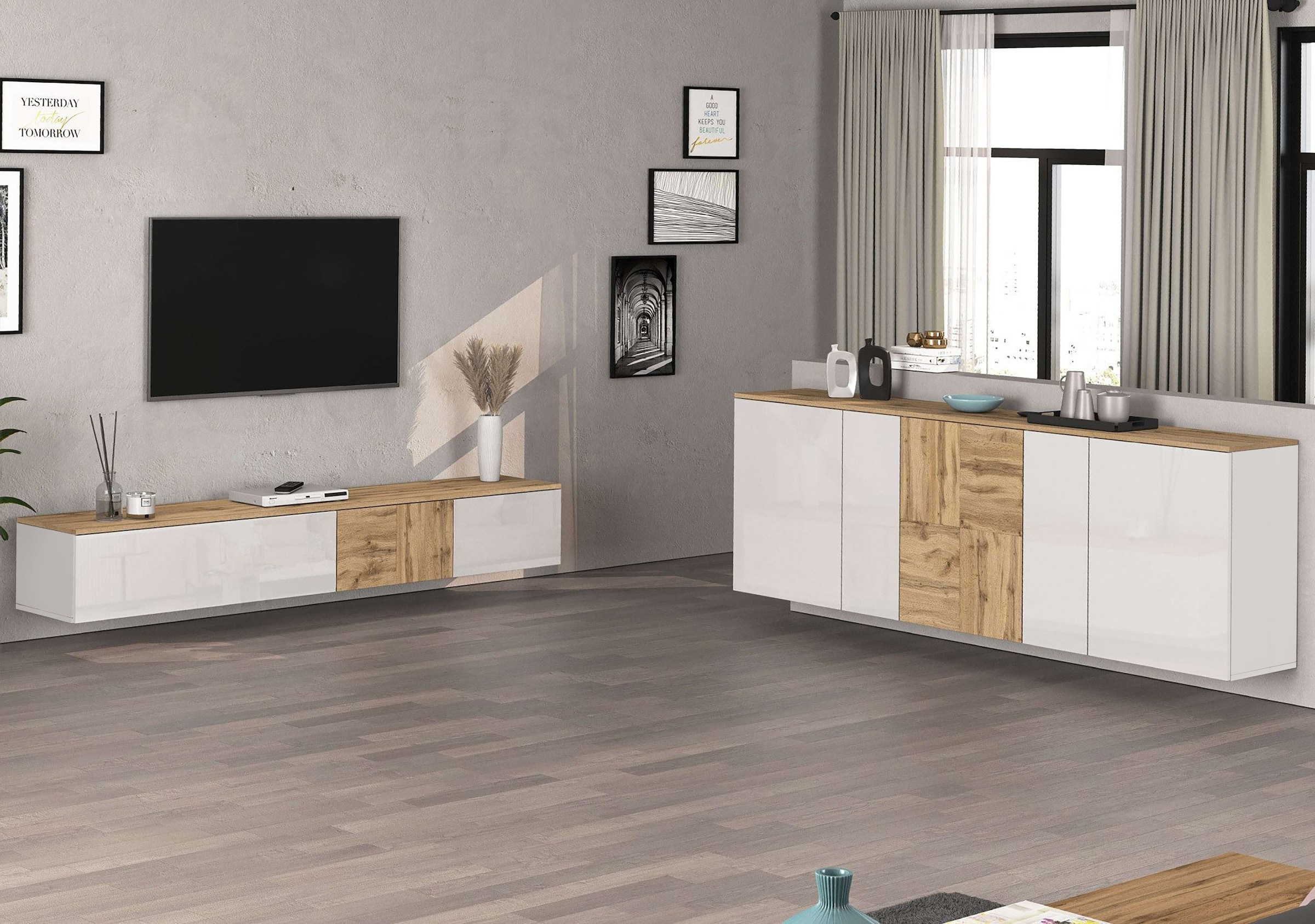 OTTO home Sideboard »ISEO, Kommode, Schrank, Sideboard, Lowboard, 6 Fächer, Breite 200 cm« 1 Stk. tlg. stehend/hängend, 5 Türen Hochglanz lackiert, Made in Italy