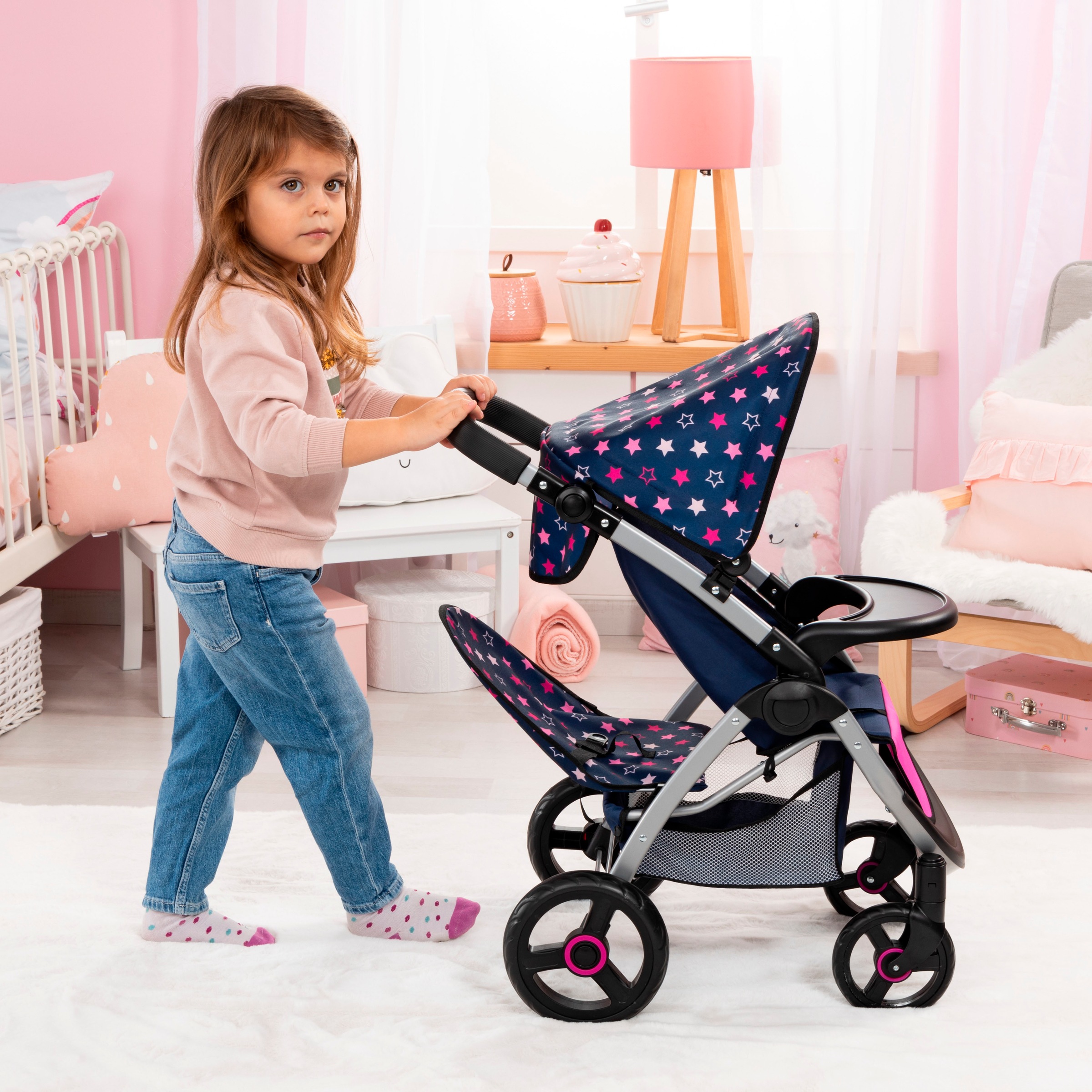 Bayer Puppen-Zwillingsbuggy »Twin Star, blau/pink«, mit Wickeltasche