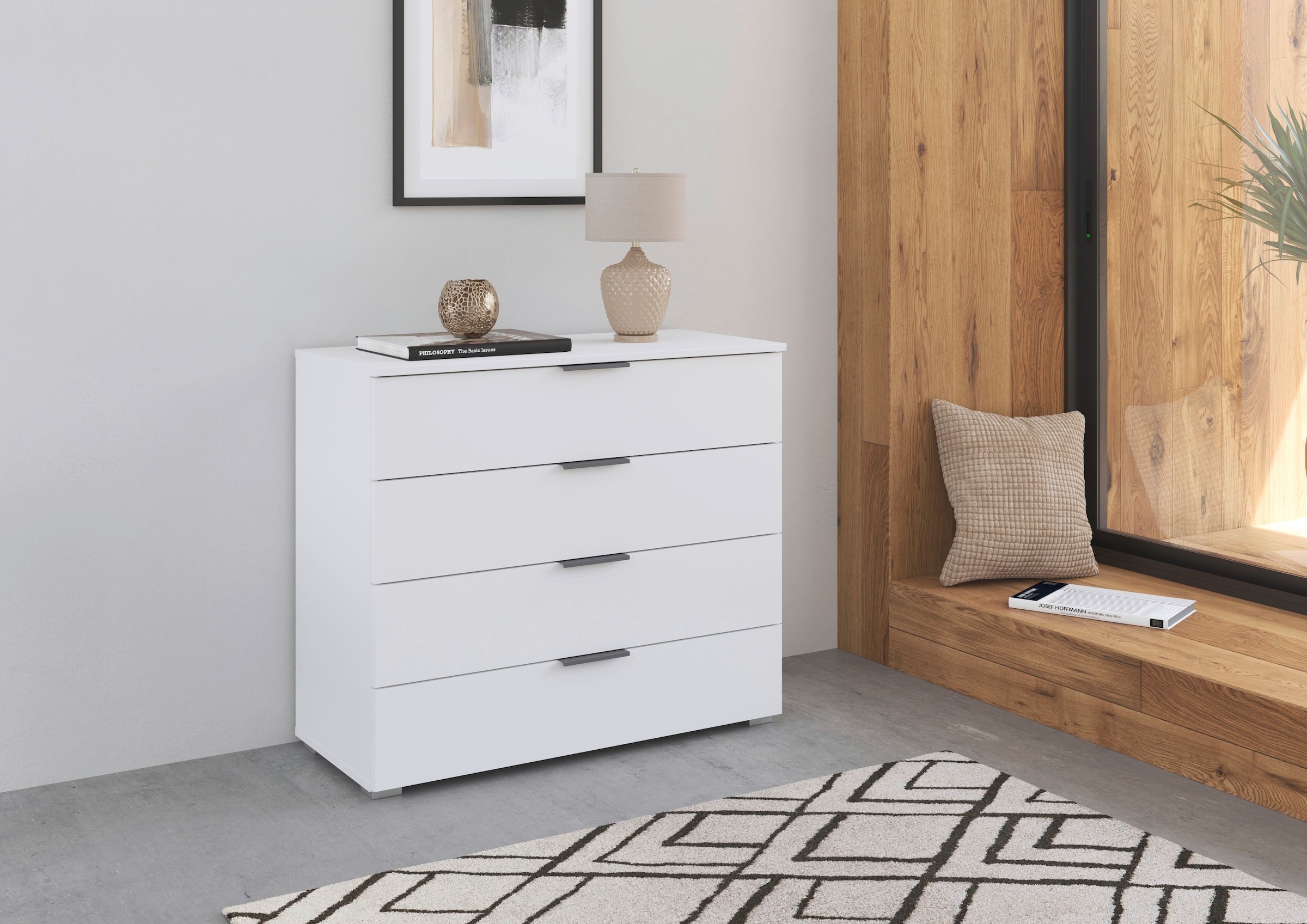 rauch Schubkastenkommode »Sideboard Schubladenkommode AGORDO mit Dekor- oder Hochglanzfront«, (in zwei Griff-Farben, Breite 80 cm inkl. Soft-Close-Funktion), vier große und geräumige Schubladen mit viel Stauraum MADE IN GERMANY