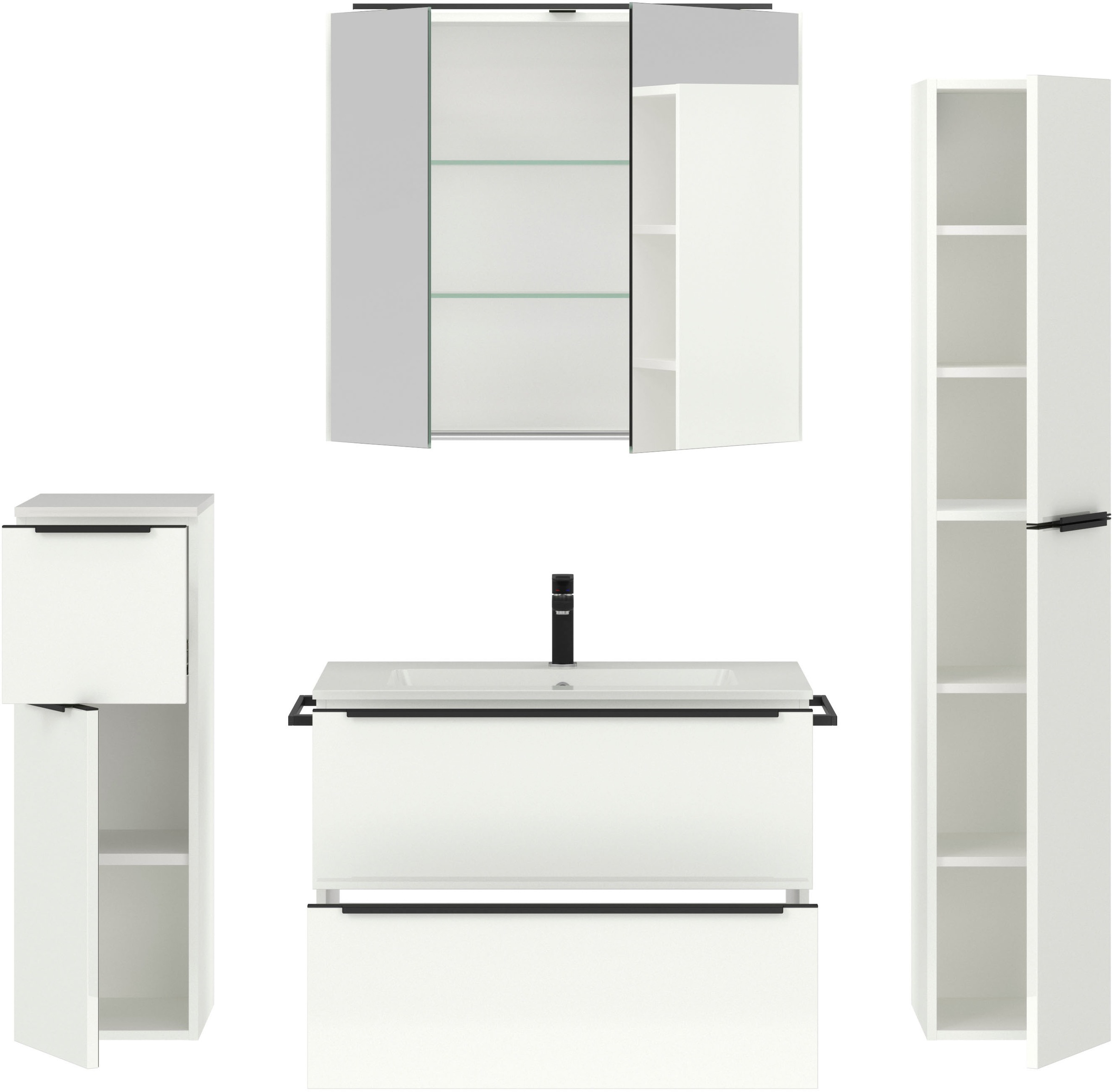 nobilia® Badmöbel-Set »Levere«, (4 St., vormontiert, mit Soft-Close), inkl. Spiegelschrank mit Beleuchtung und Dimmerfunktion, in 4 Breiten