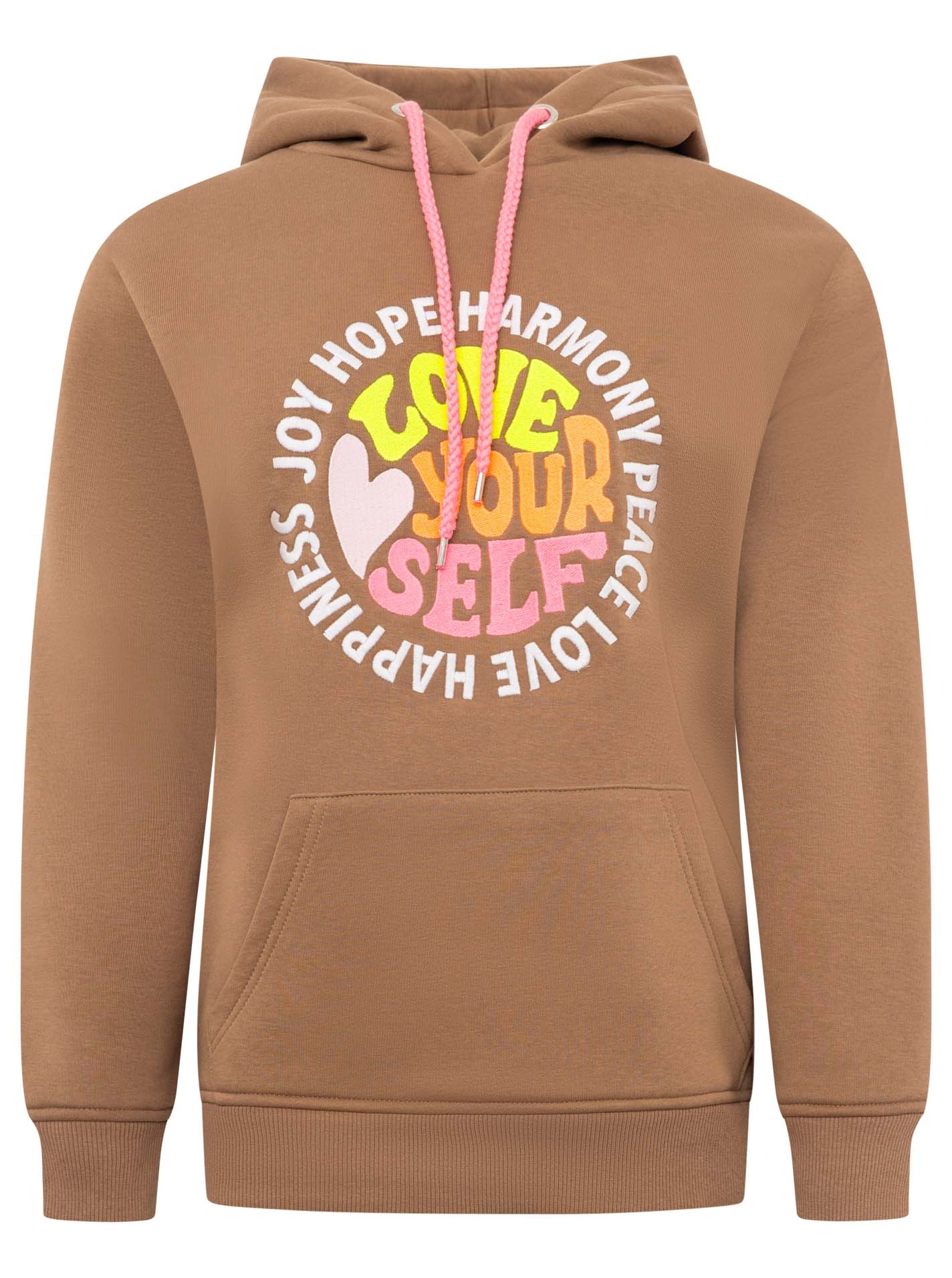 Zwillingsherz Hoodie »"Love Yourslef"«, runde große Frontstickerei, farbige Kordel, Kängurutasche
